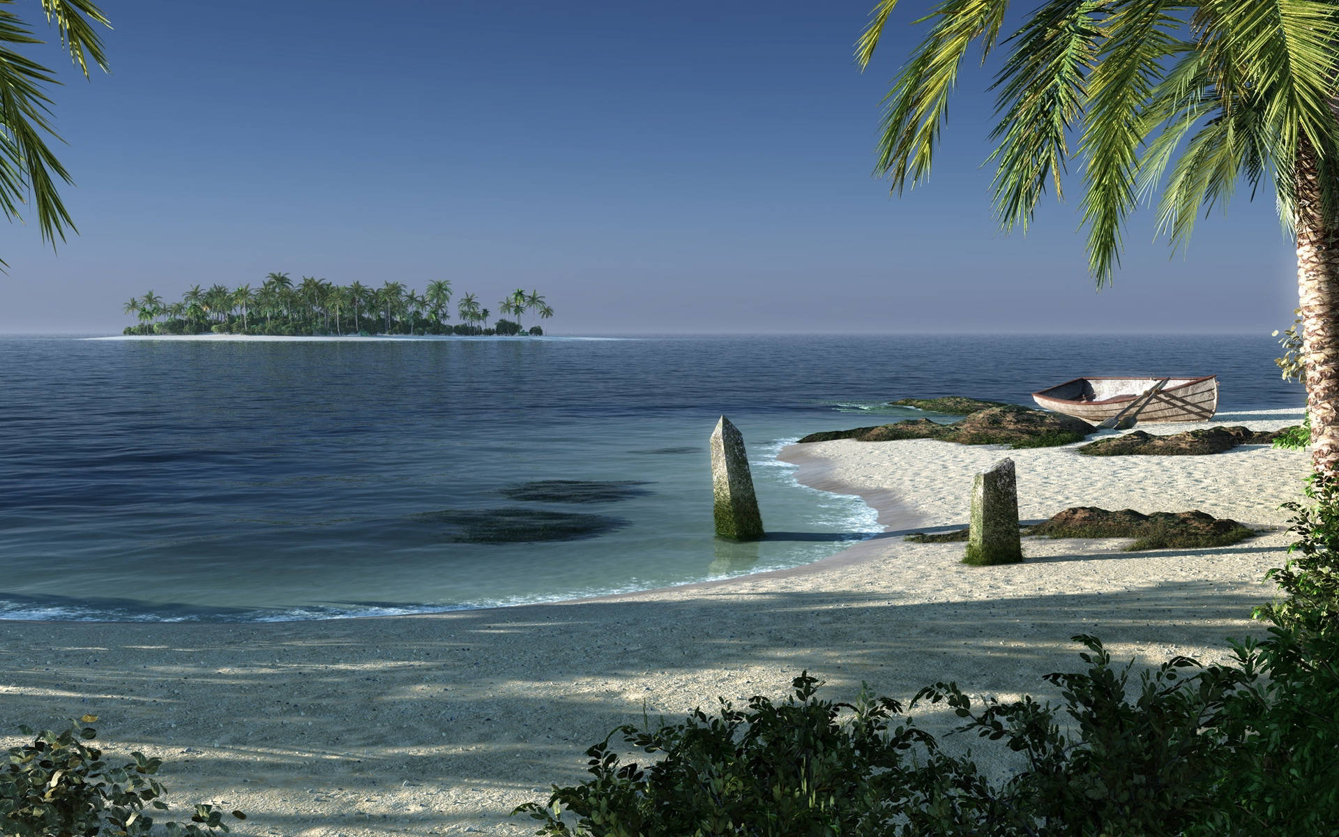 Fantasy Island, coconut trees, tropical beach, Full HD Desktop Wallpaper