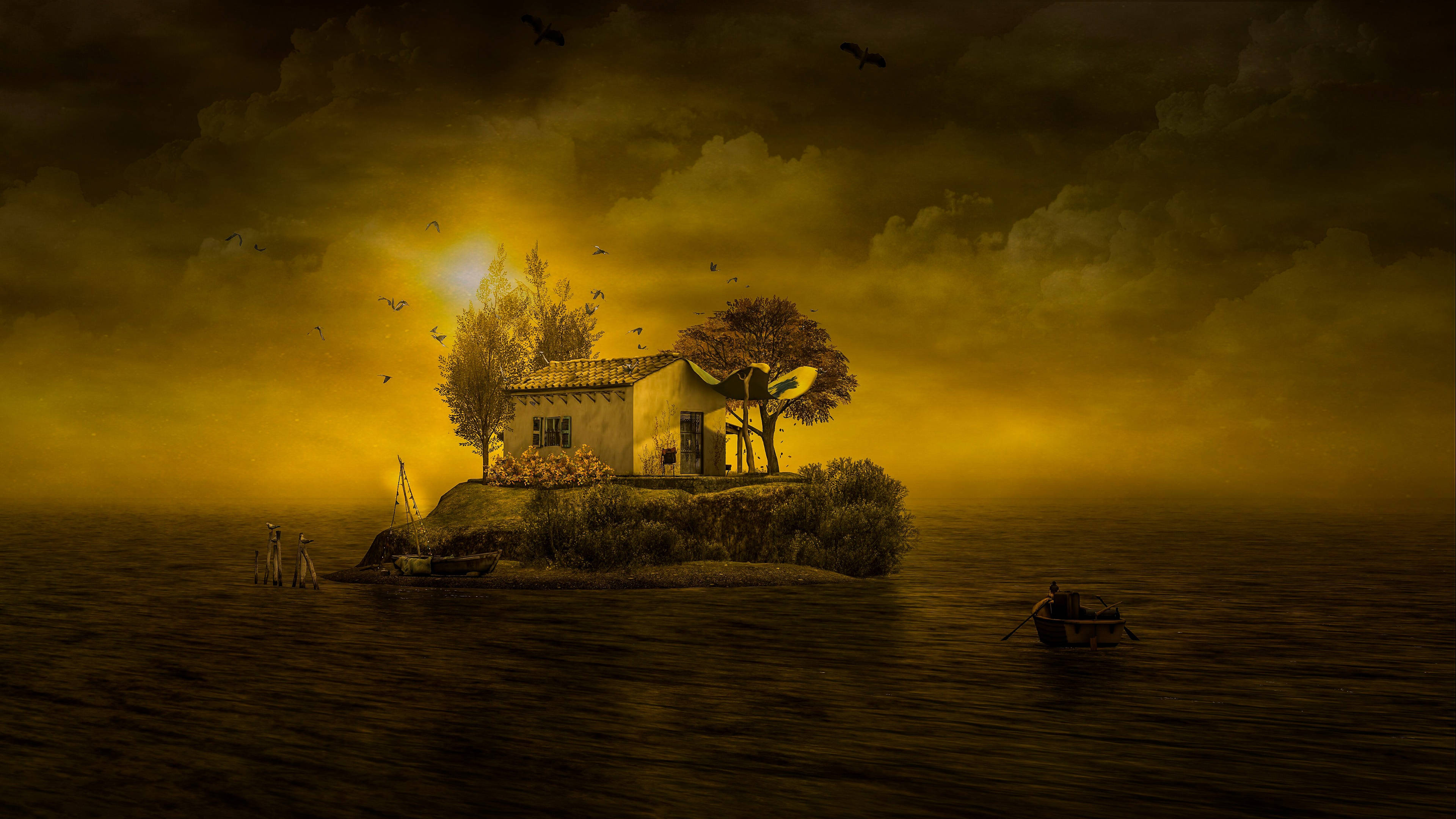 Fantasy Island, golden sunset light, lone house, 4K Desktop Wallpaper
