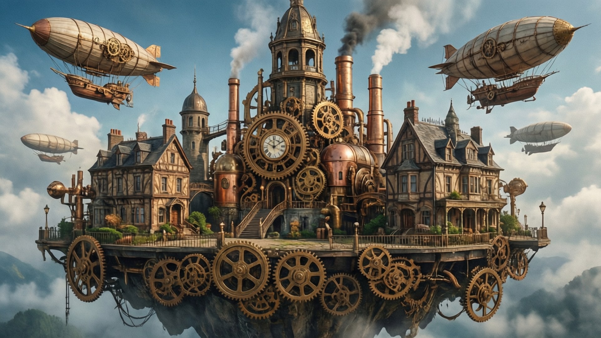 steampunk sky island, brass gears, smokestacks, Full HD Desktop Wallpaper