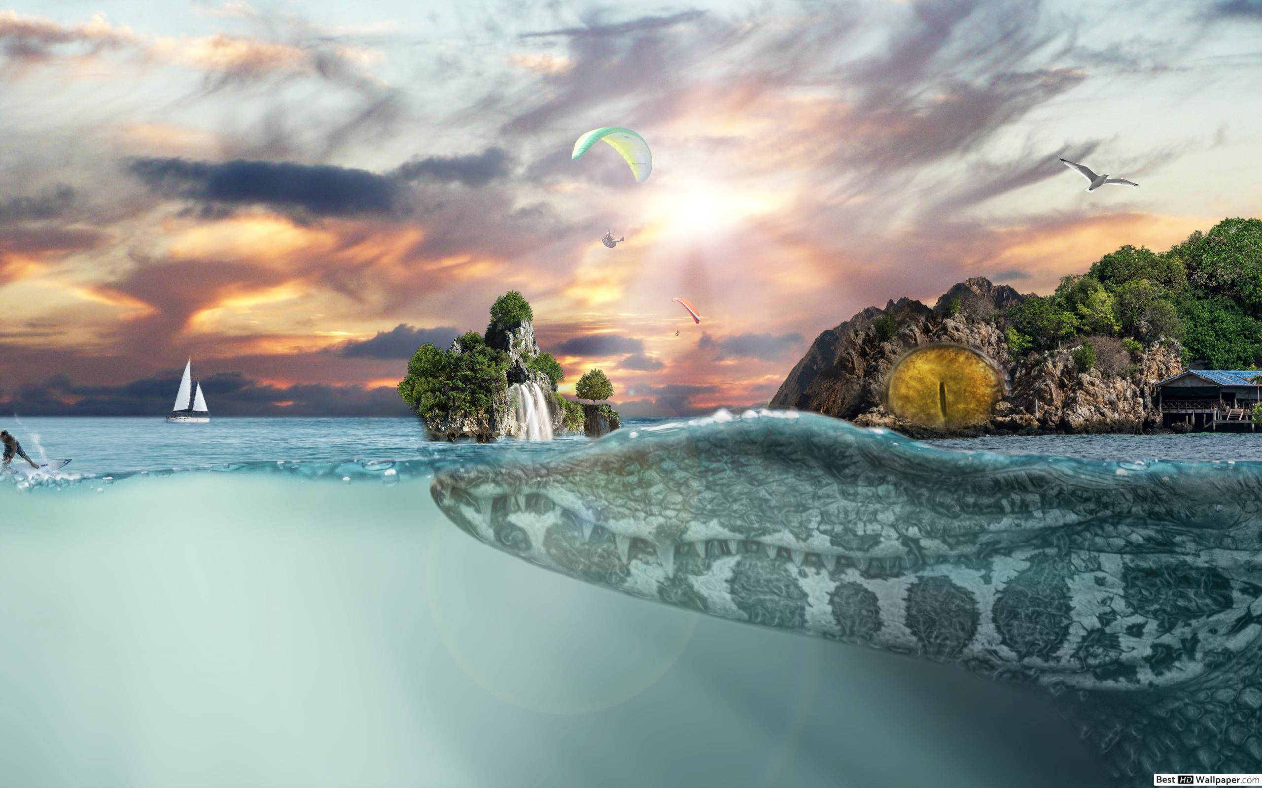 Fantasy Island, sea serpent, turquoise waters, 2K Desktop Wallpaper
