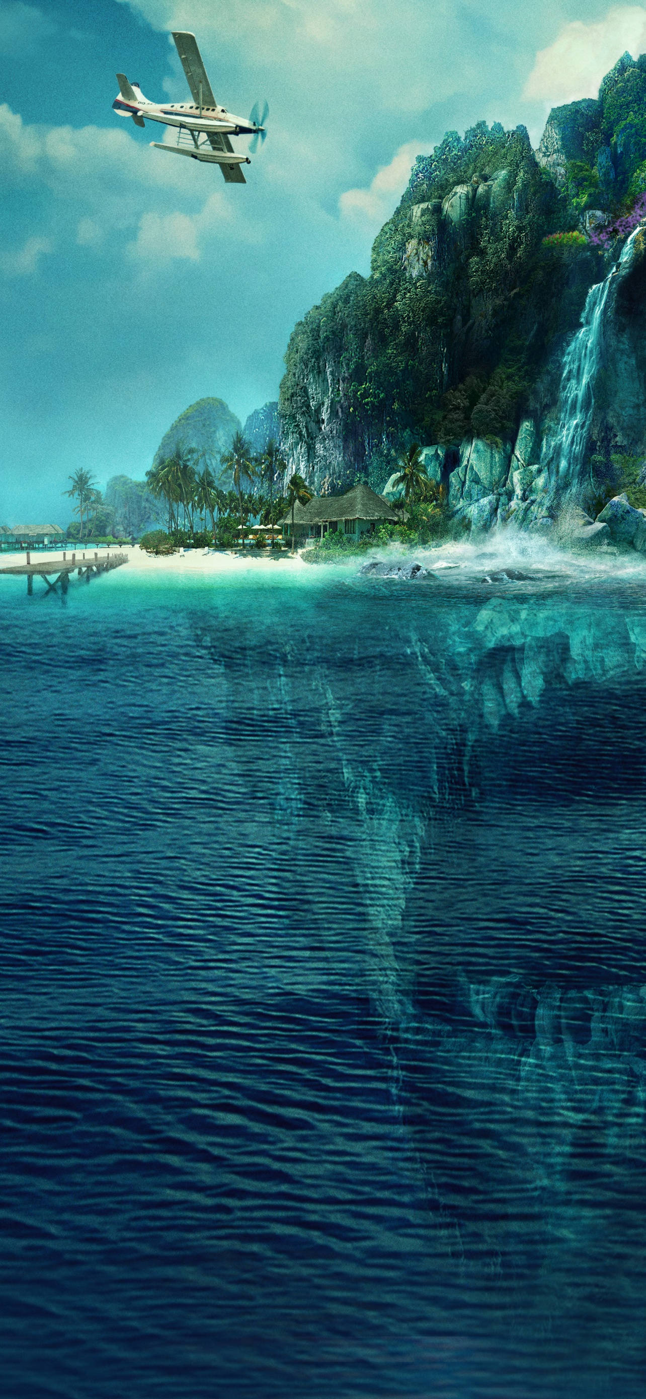 Fantasy Island, seaplane, turquoise lagoon, 2K Phone Wallpaper