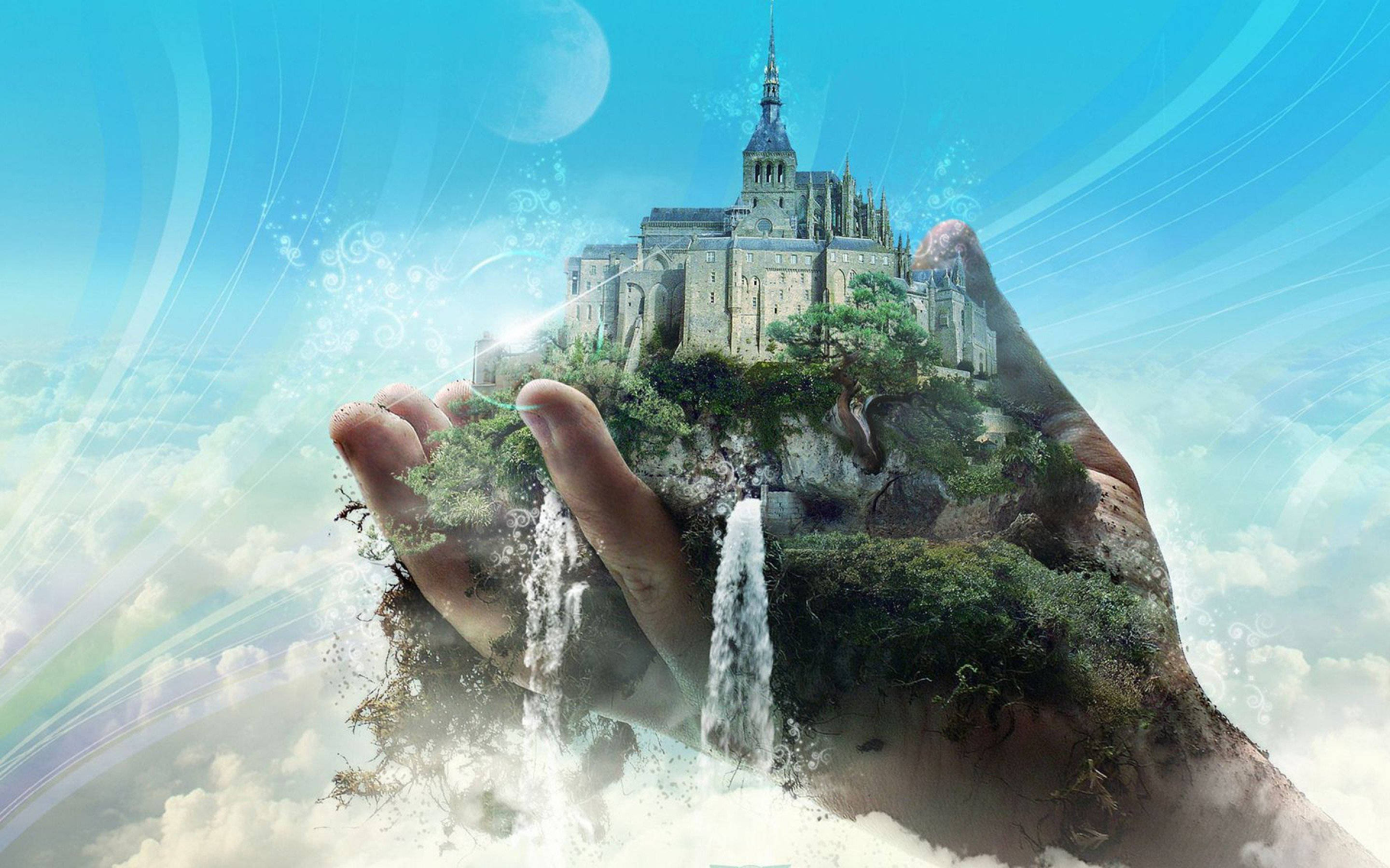 Fantasy Island, gothic abbey, waterfall, 2K Desktop Wallpaper