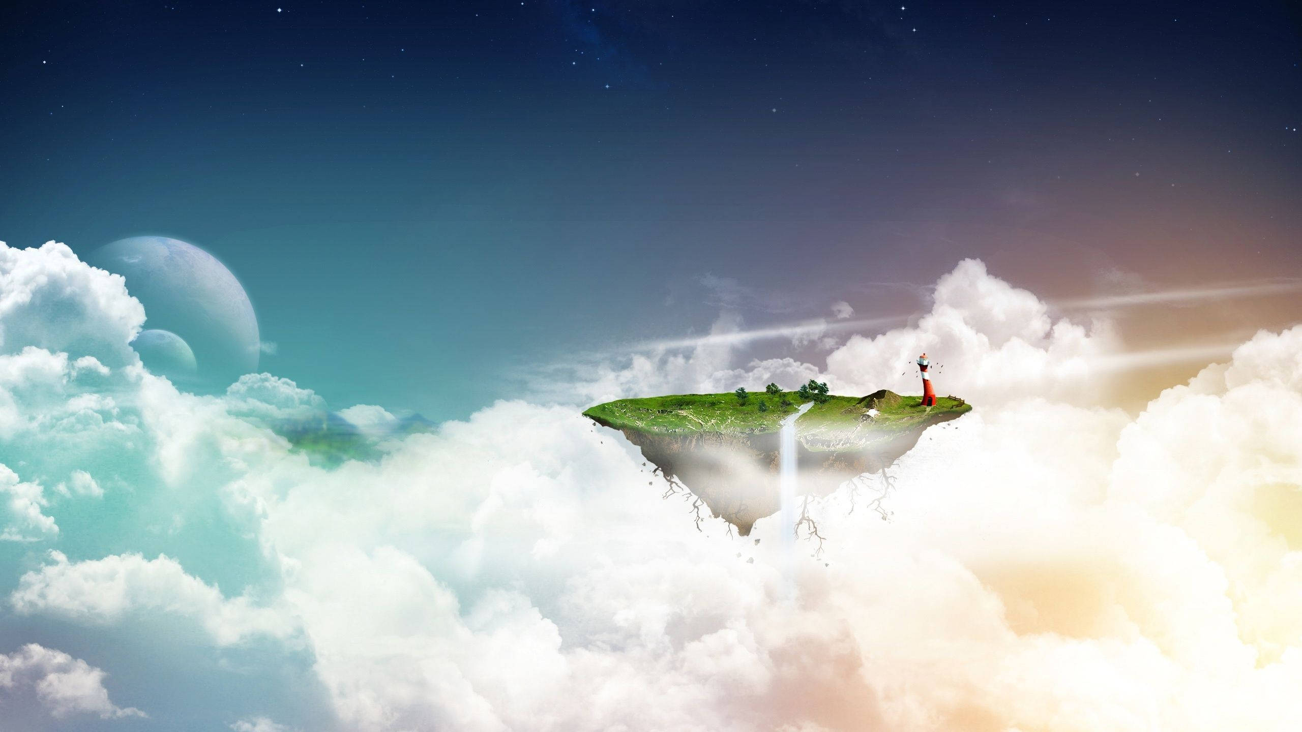 Fantasy Island, red light house, floating green island, 2K Desktop Wallpaper