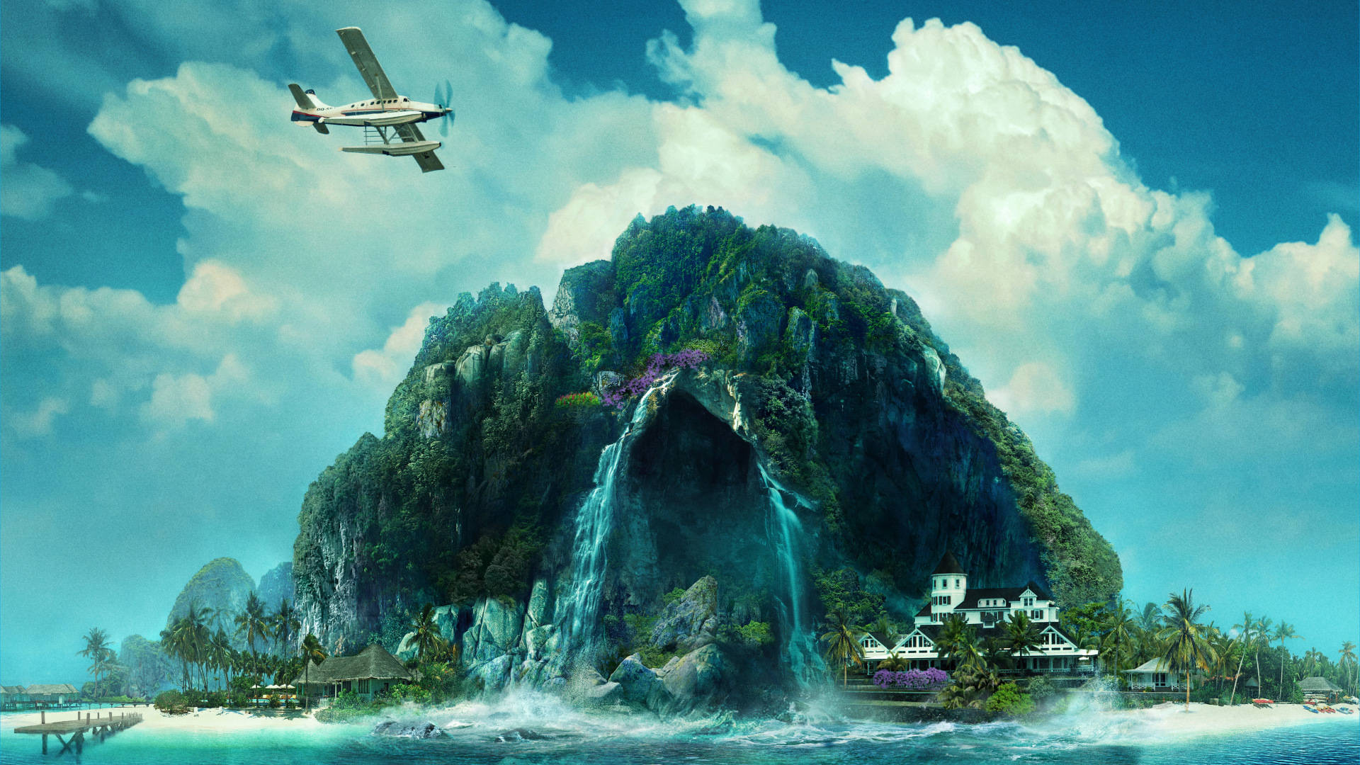 Fantasy Island, seaplane, tropical island, Full HD Desktop Wallpaper