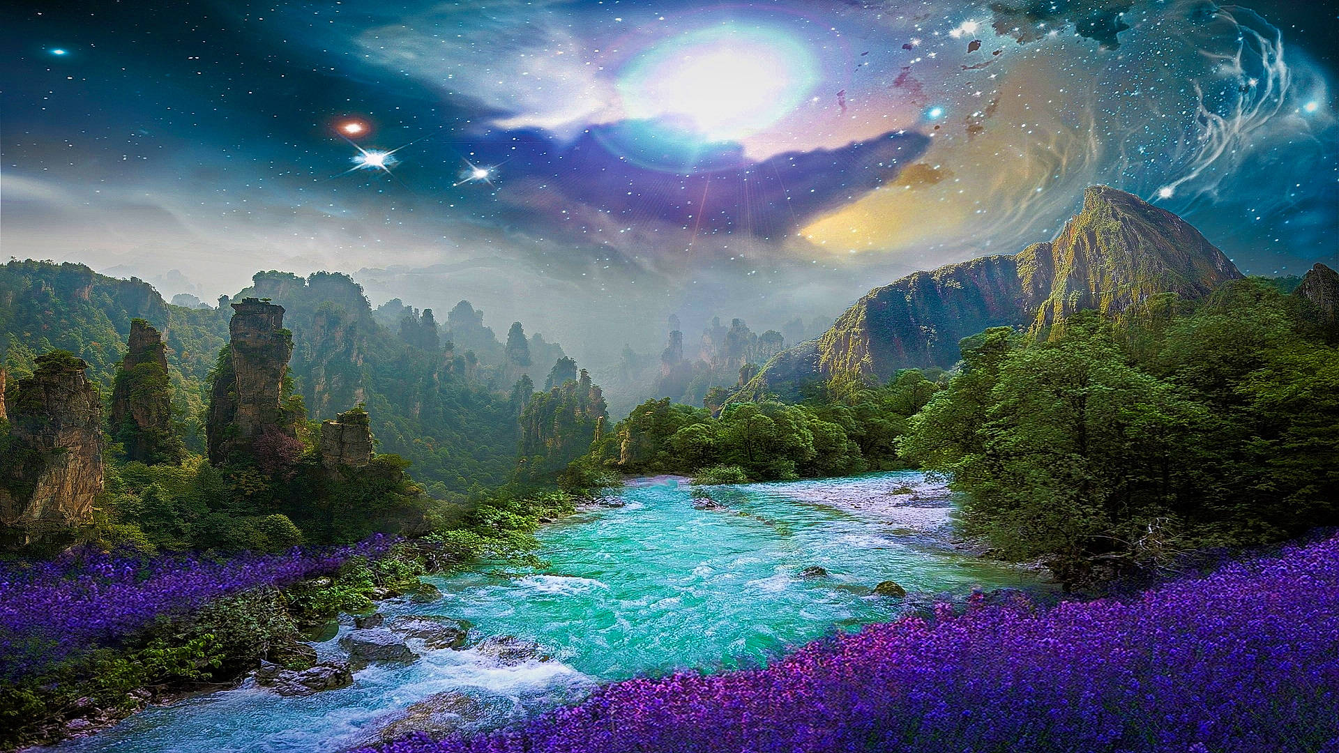 Fantasy Island, purple flowers, turquoise river, Full HD Desktop Wallpaper