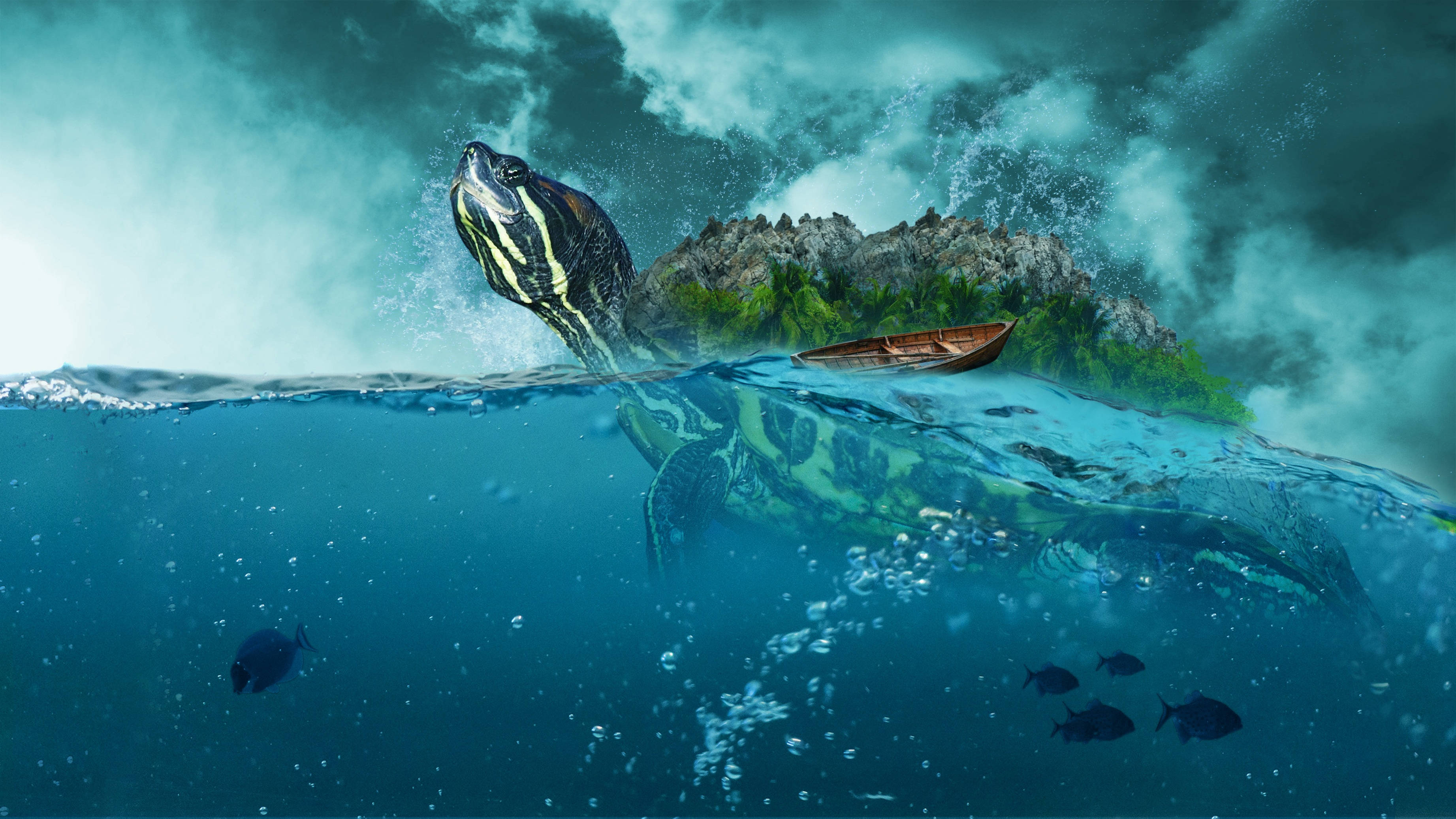 Fantasy Island, giant turtle, tiny island, 2K Desktop Wallpaper