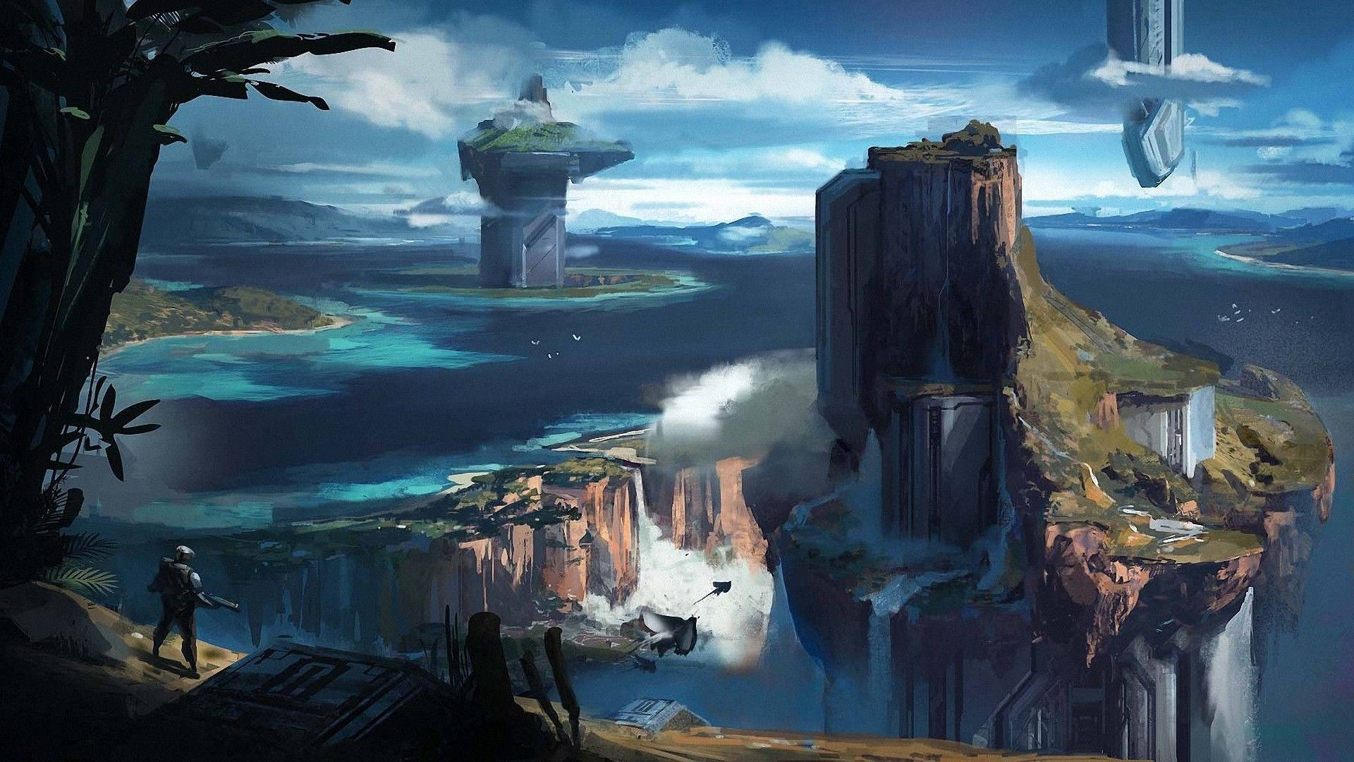 Fantasy Island, grey structures, cliff, Full HD Desktop Wallpaper