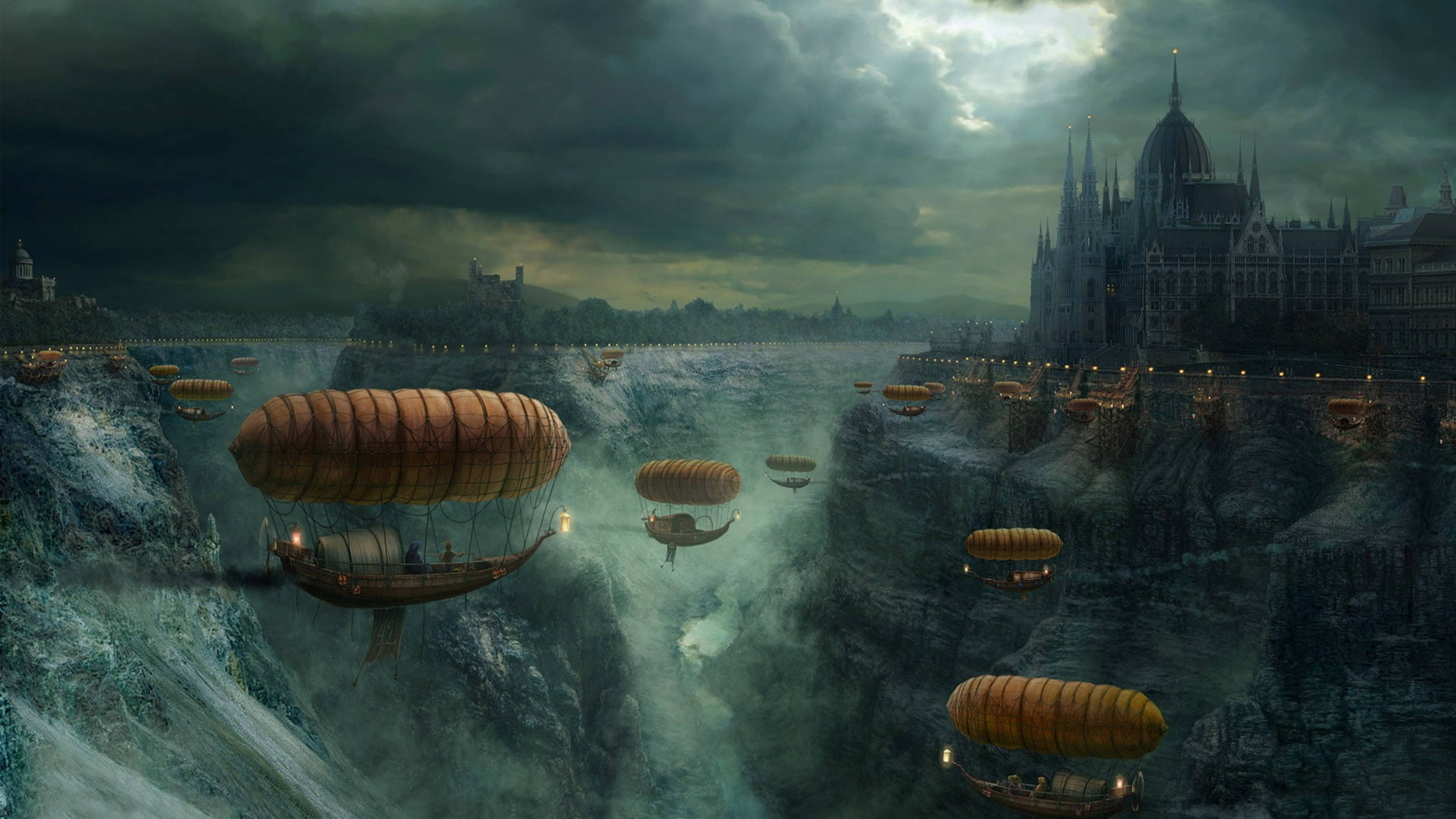 steampunk hot air balloons, stormy chasm, gothic cathedral, 4K Desktop Wallpaper