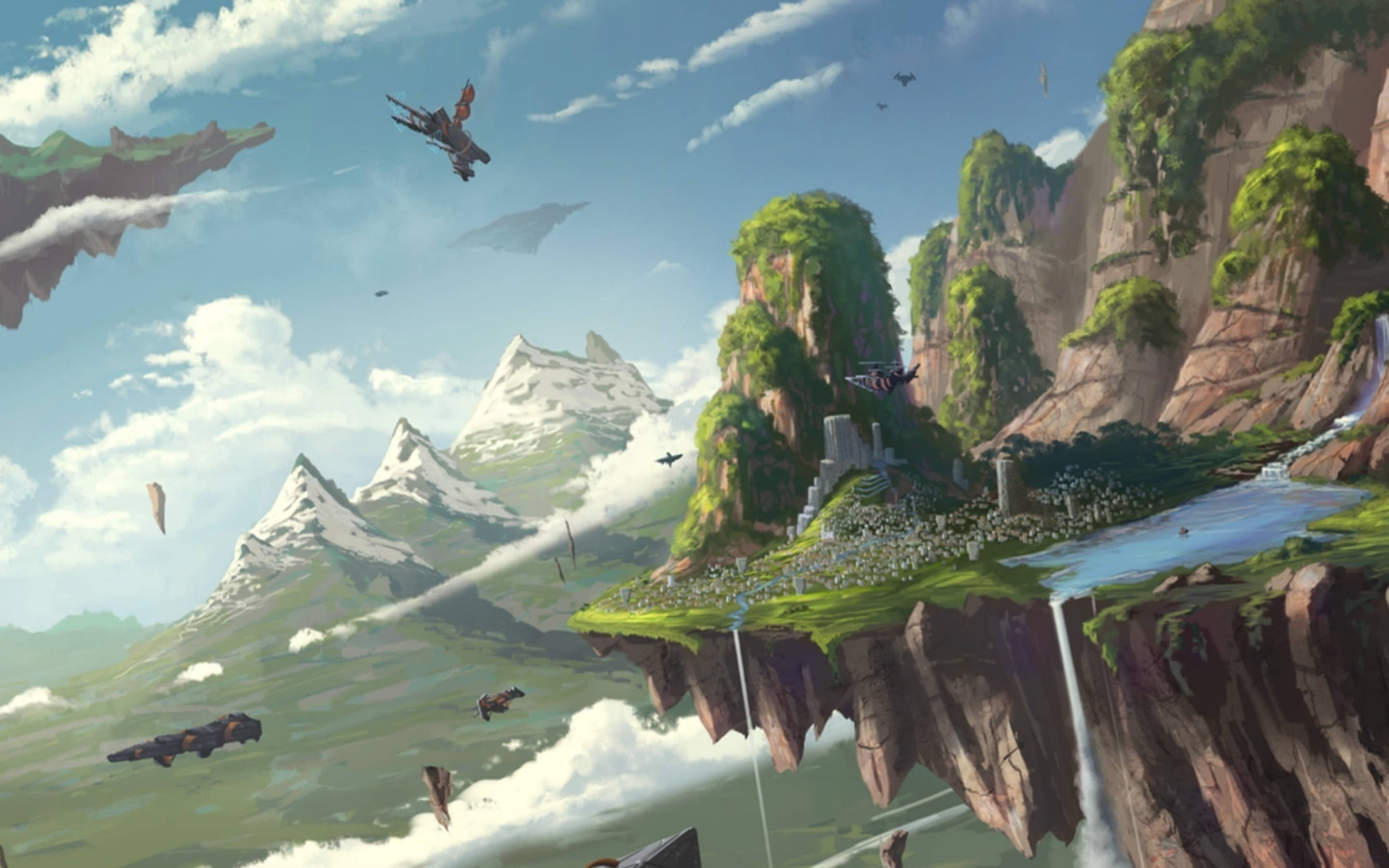 Fantasy Island, floating islands, lush greenery, 2K Desktop Wallpaper