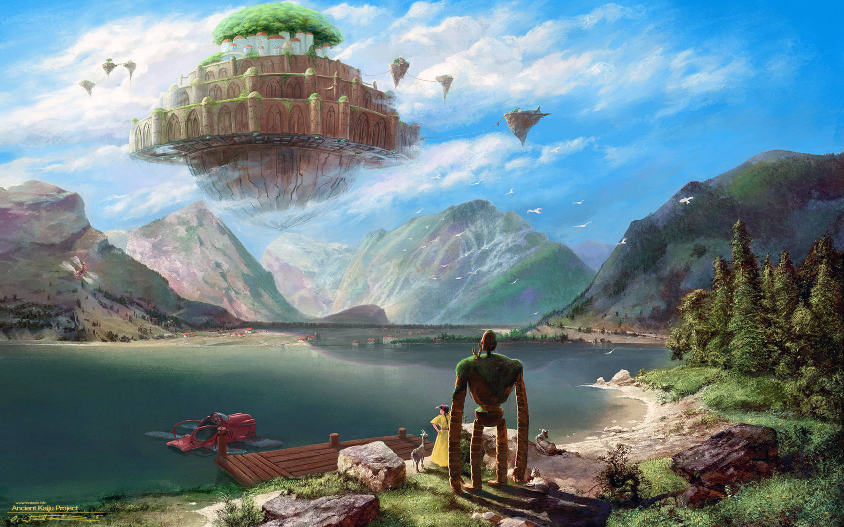 Fantasy Island, giant tree-covered floating castle, mountain lake, 2K Desktop Wallpaper