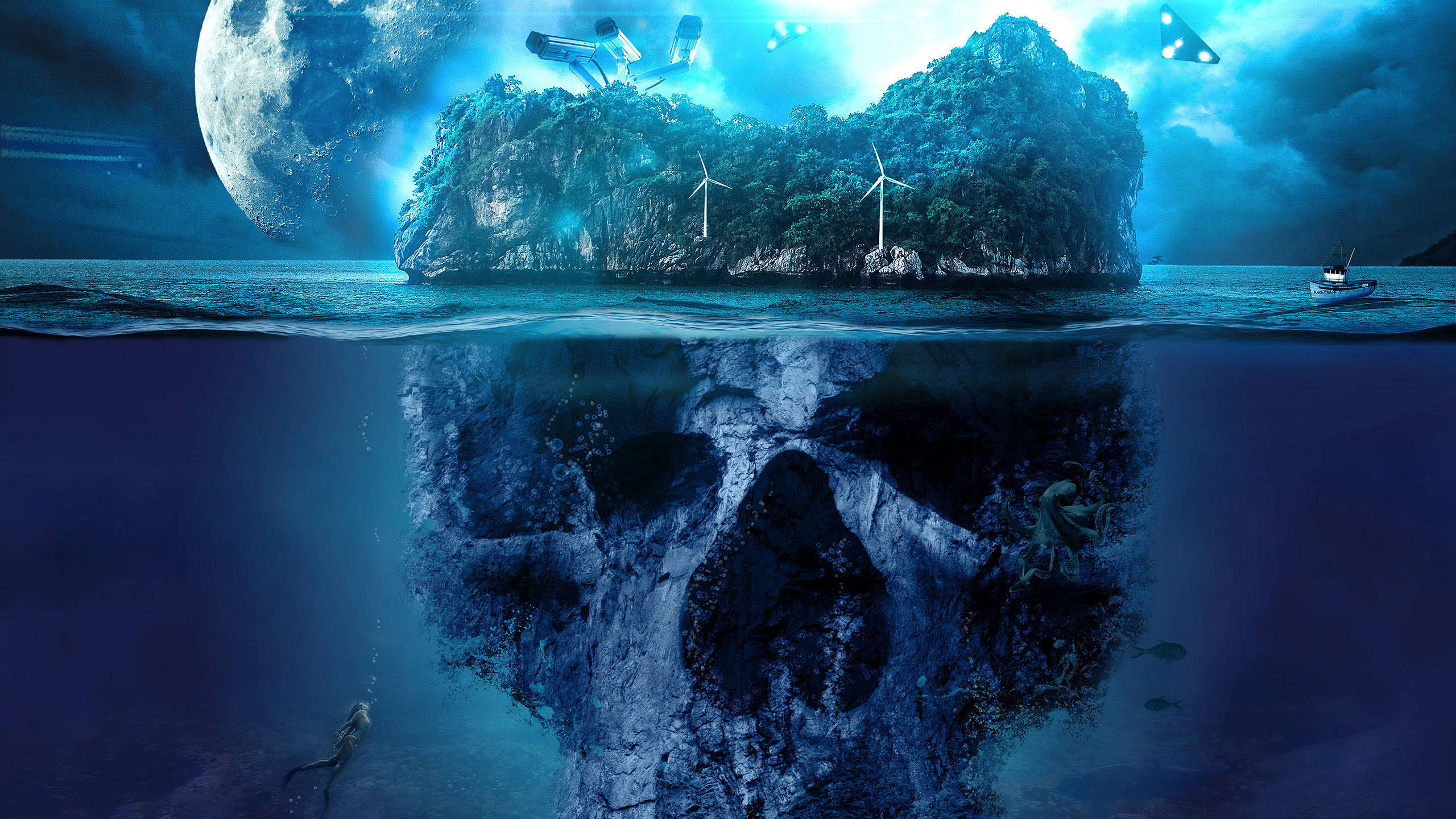 Fantasy Island, huge skull, split-level island, 2K Desktop Wallpaper