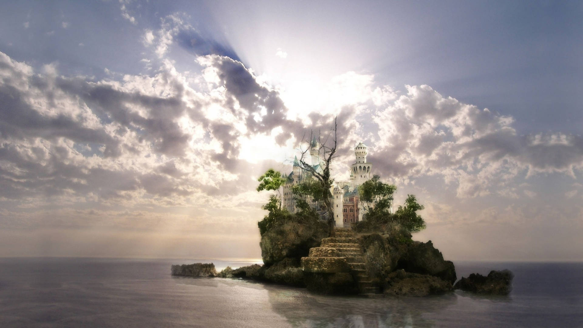 Fantasy Island, castle, rocky island, Full HD Desktop Wallpaper