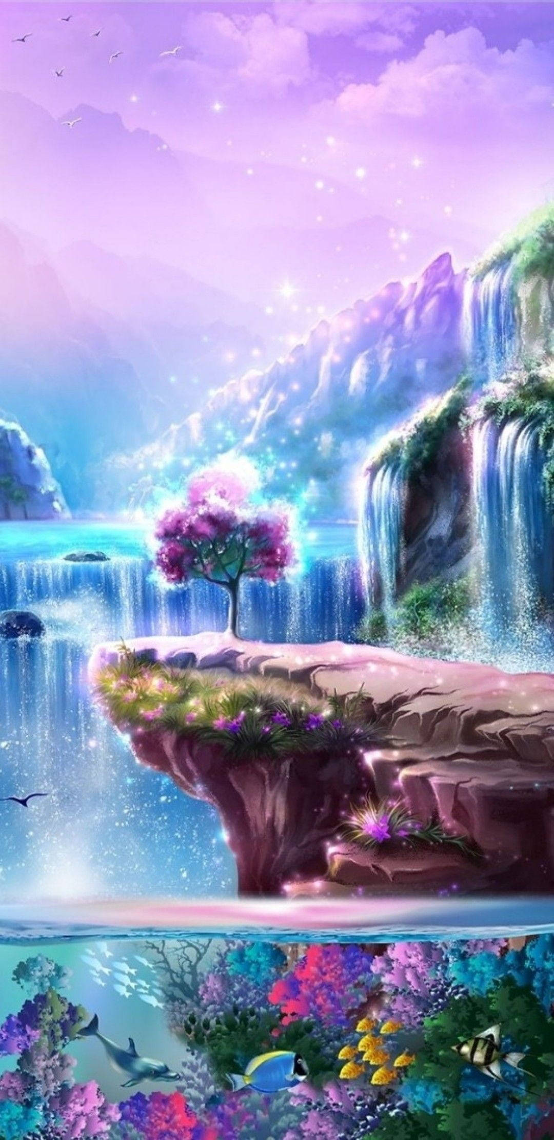 Multicolor Fantasy Land, glowing tree, waterfalls, Full HD Phone Wallpaper