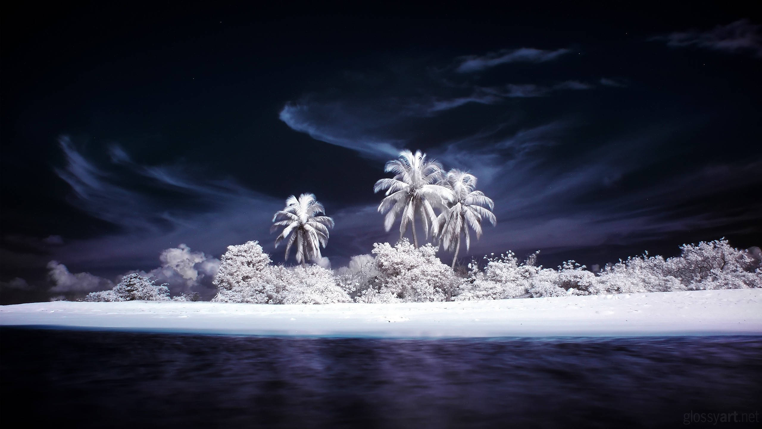 Fantasy Island, white color, infrared night scene, 2K Desktop Wallpaper