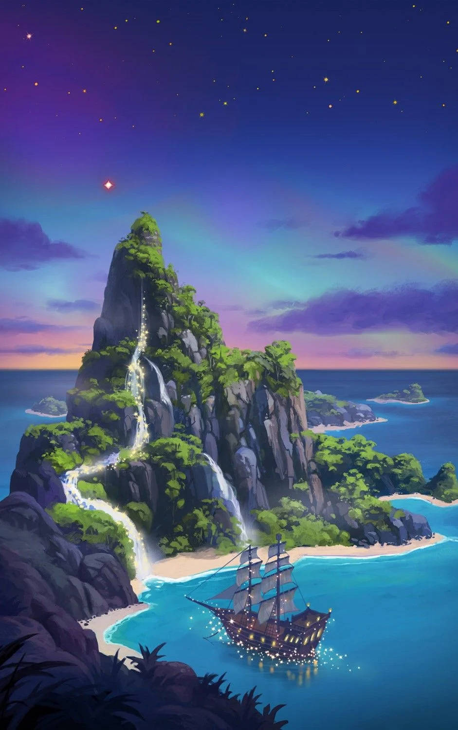 Fantasy Island, cascading waterfall, glowing pirate ship, HD Phone Wallpaper