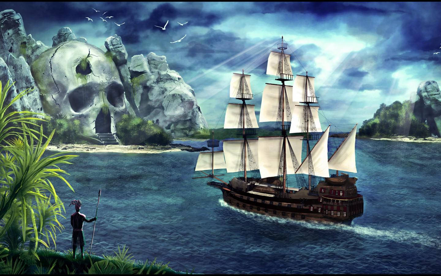 Fantasy Island, skull rock formation, pirate ship, HD Desktop Wallpaper