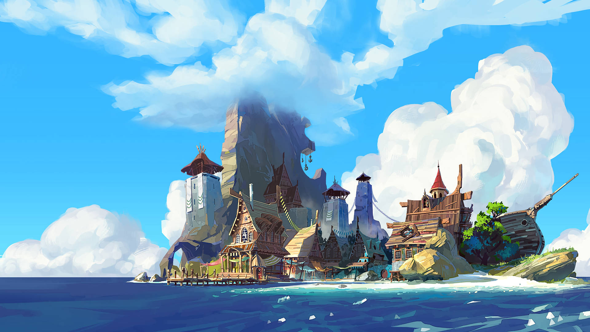 Fantasy Island, coastal village, wooden houses, Full HD Desktop Wallpaper