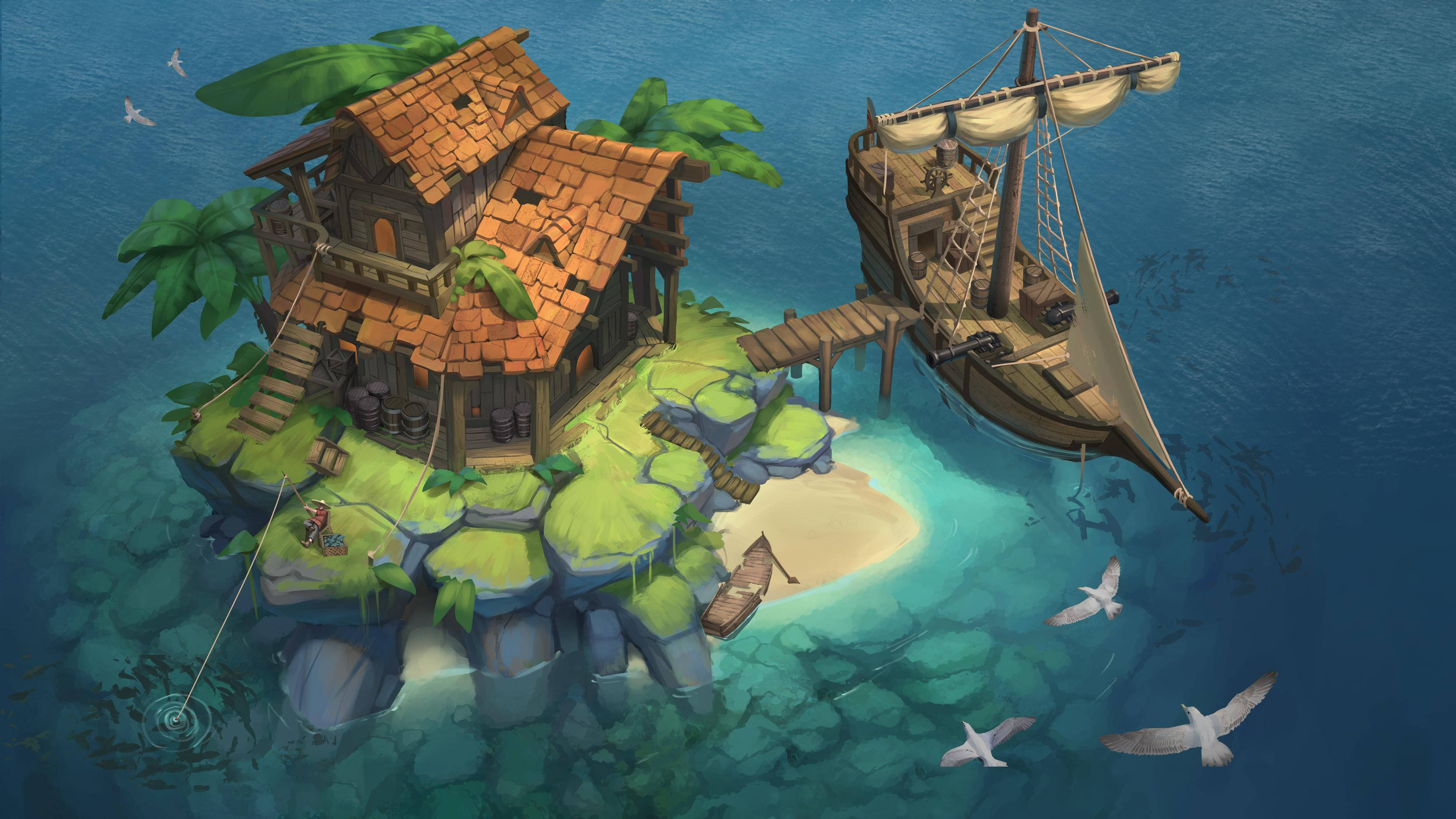 Fantasy Island, wooden ship, tropical island, 4K Desktop Wallpaper