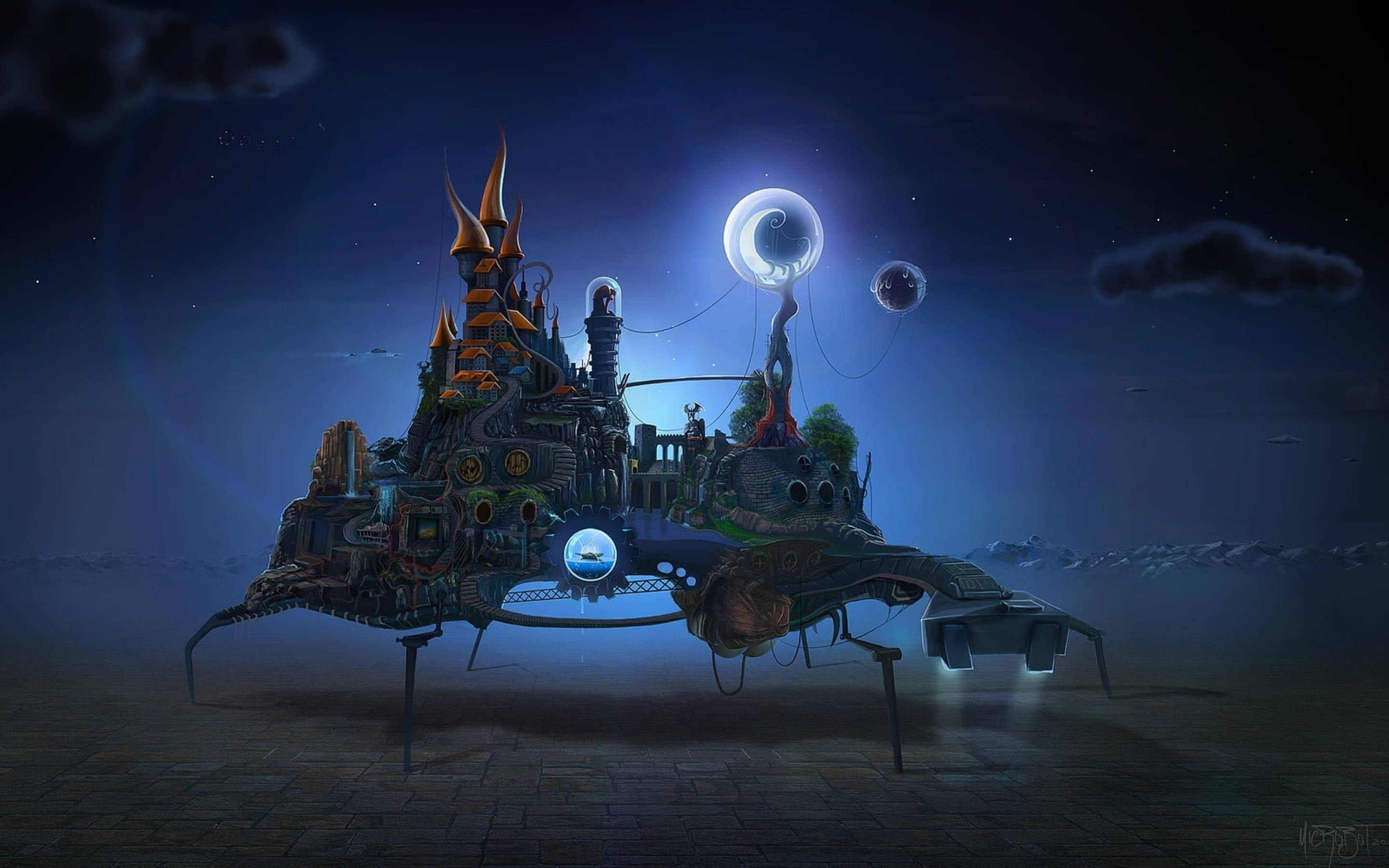 Fantasy Island, glowing orbs, spires, 2K Desktop Wallpaper
