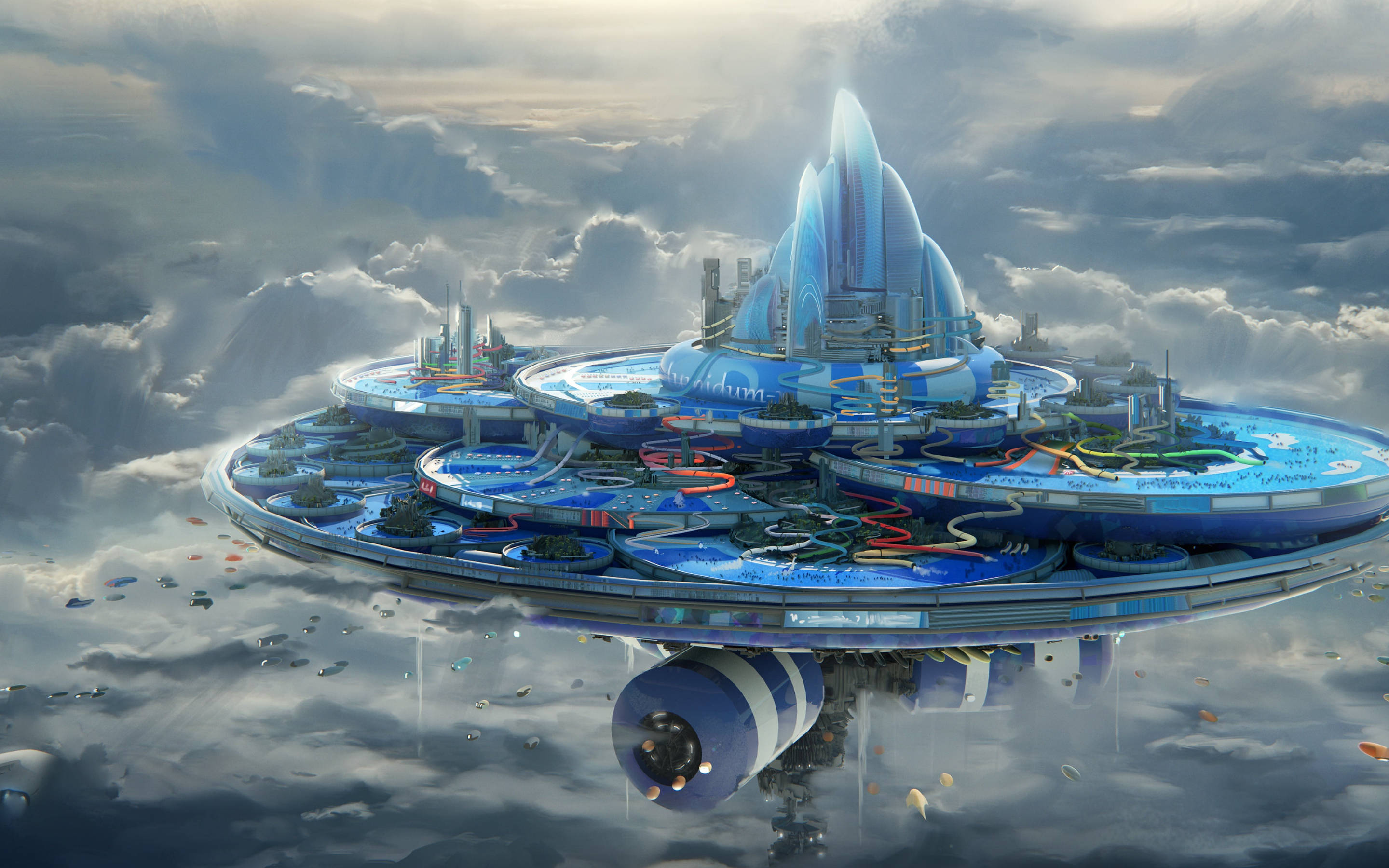 Fantasy Island, futuristic style, blue floating city, 2K Desktop Wallpaper