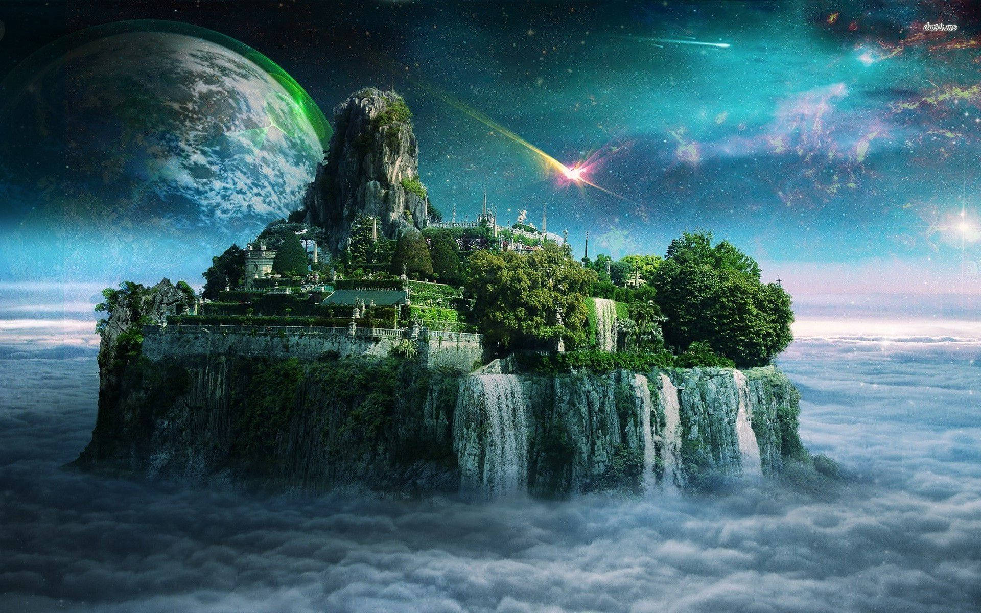 Fantasy Island, ancient ruins, waterfalls, Full HD Desktop Wallpaper