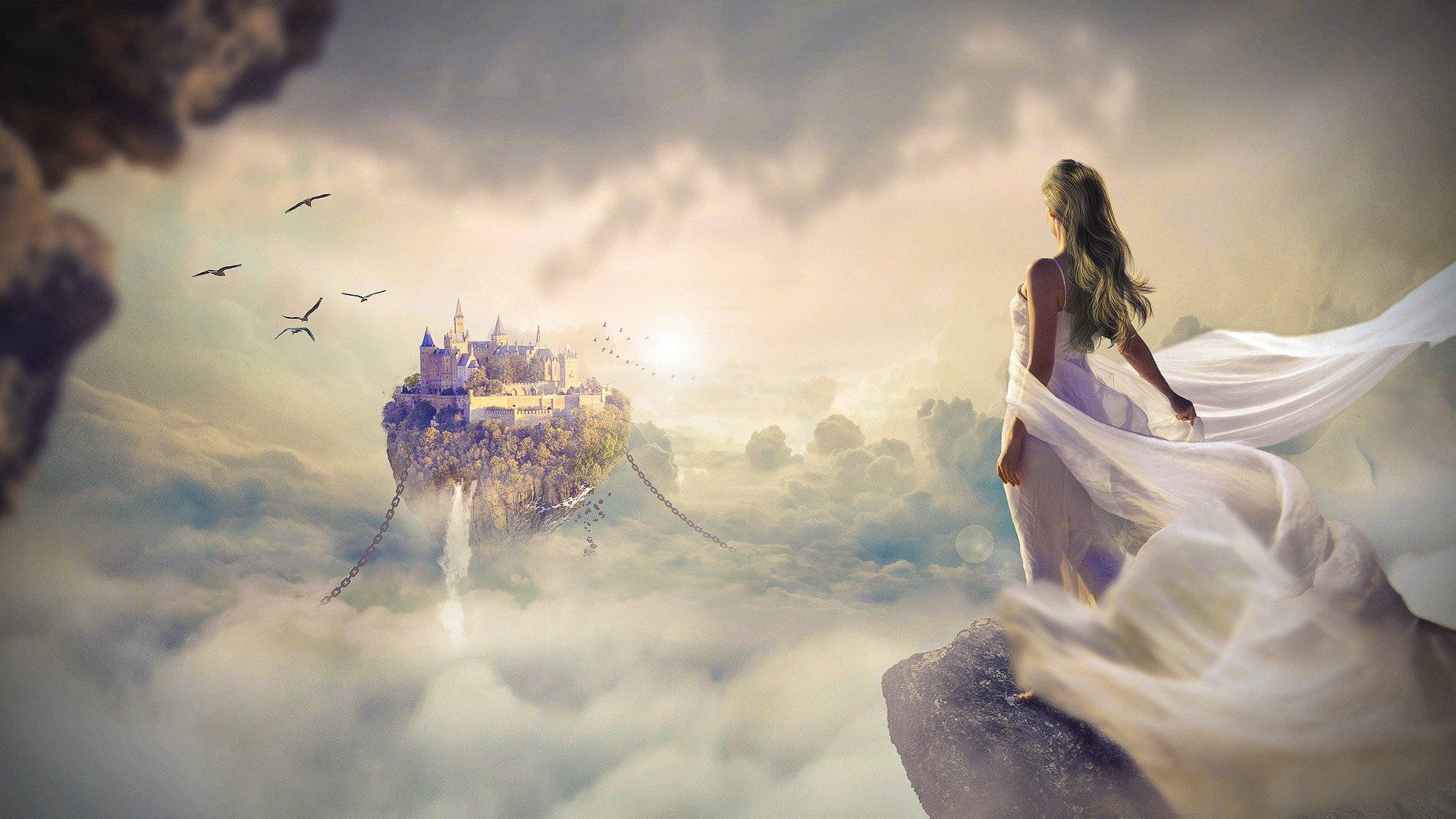 Fantasy Island, floating castle, cliff edge, Full HD Desktop Wallpaper