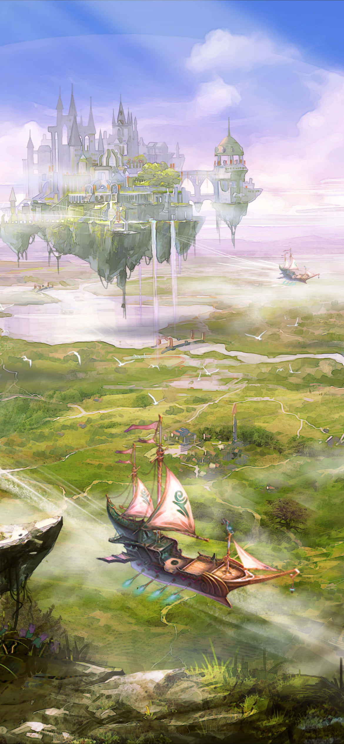 fantasy landscape, floating castle island, spires, Full HD Phone Wallpaper