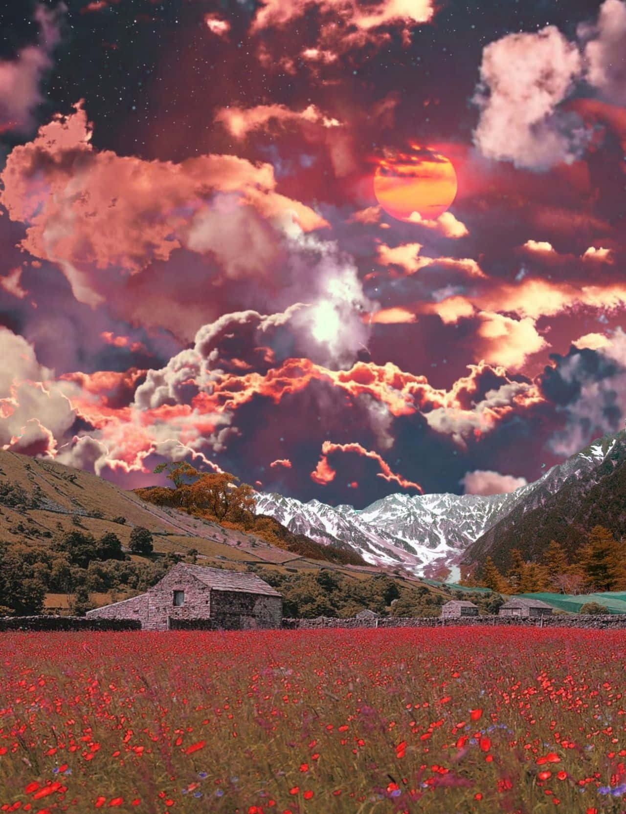 cottagecore dreamscape, stone cottage, field of red poppies, HD Phone Wallpaper