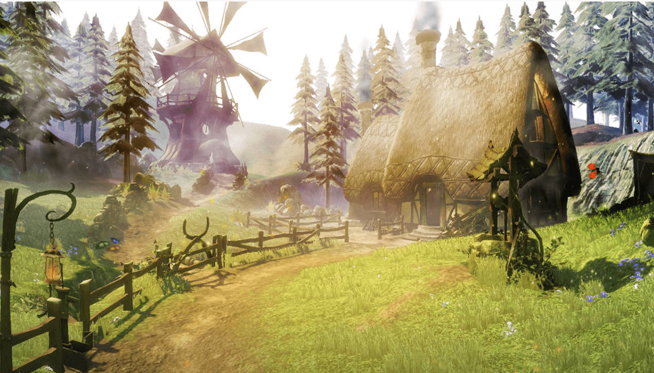 fantasy village, thatched cottages, windmill, SD Desktop Wallpaper