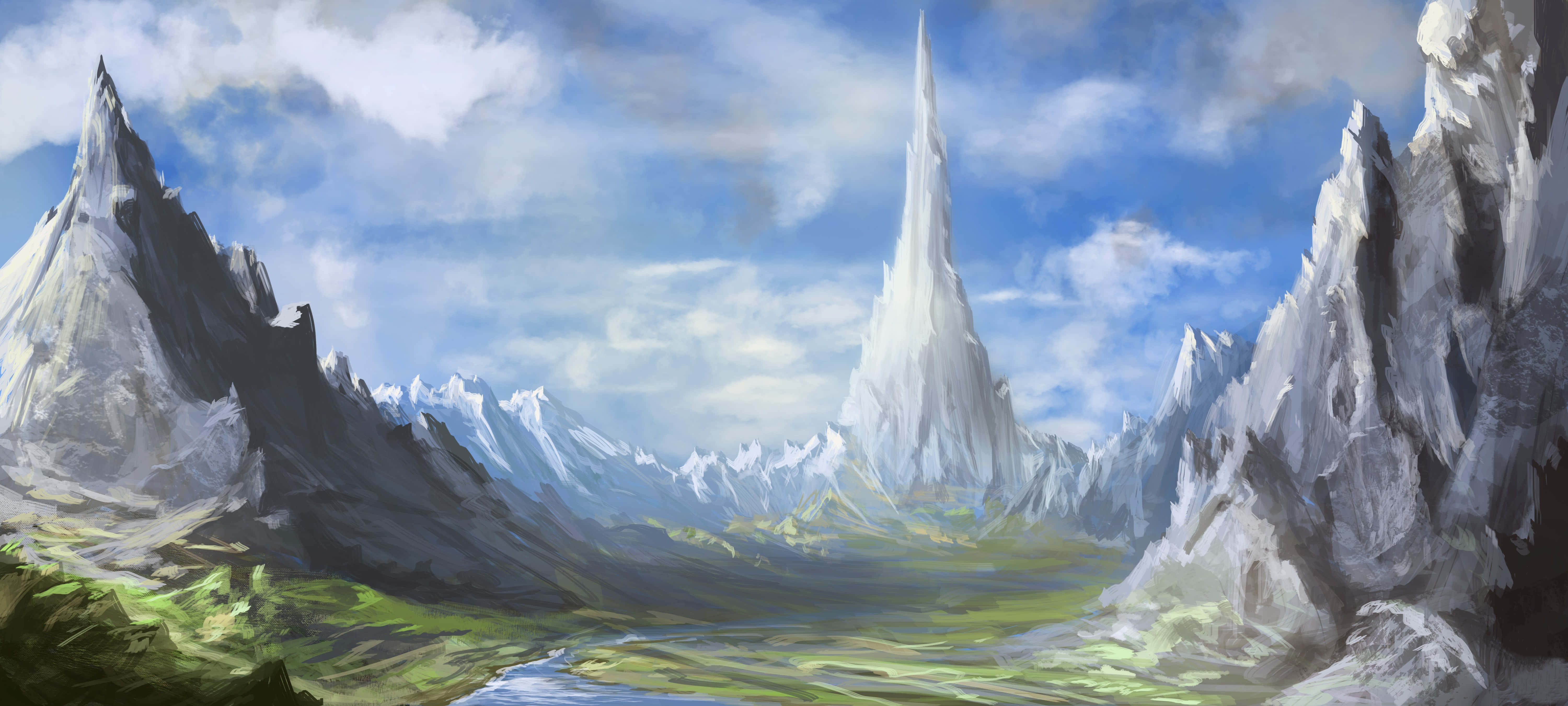 majestic mountain spire, snow-capped peaks, green valley, 5K Desktop Wallpaper