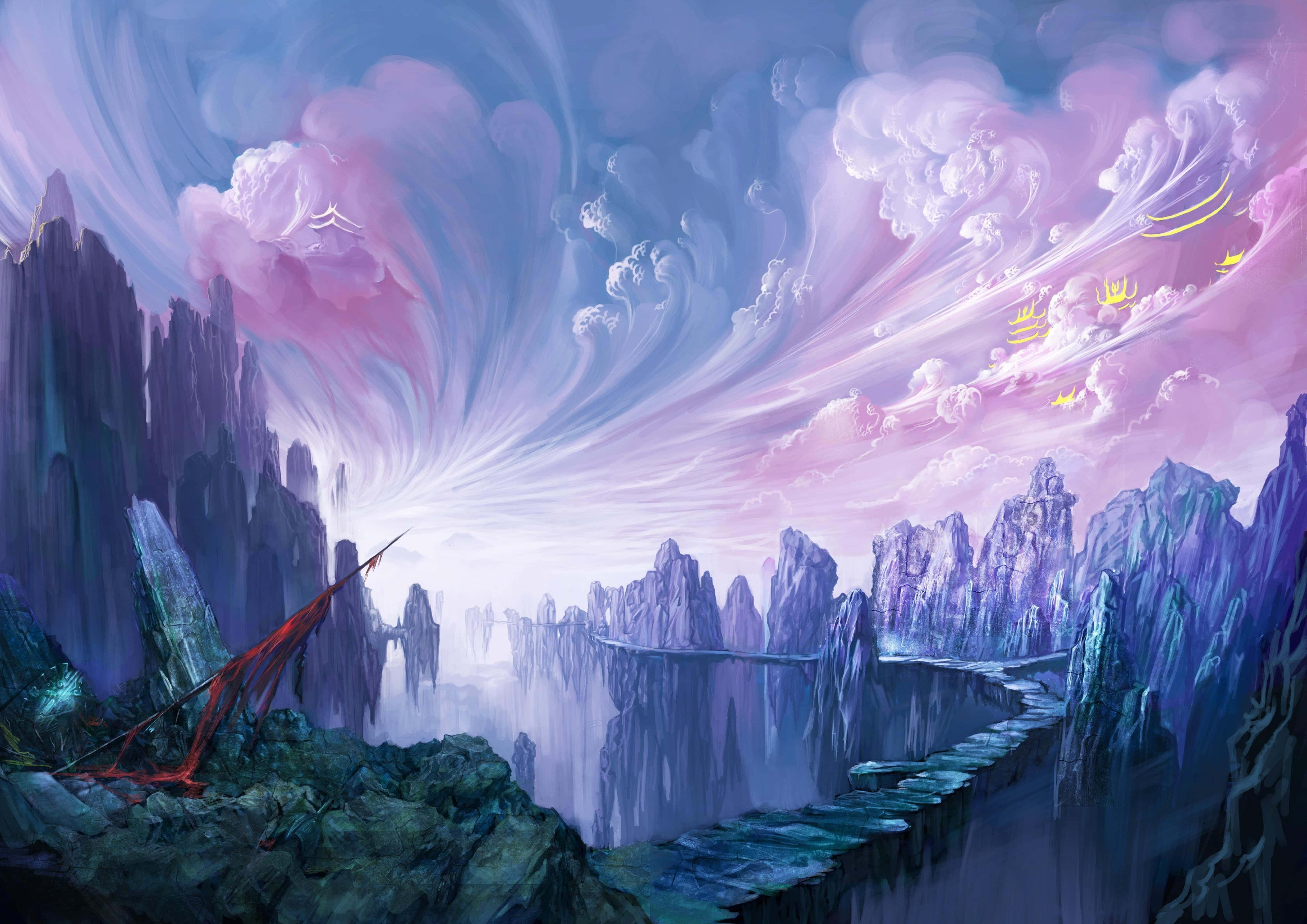 mystical skyline, fantasy landscape, jagged purple mountains, 4K Desktop Wallpaper