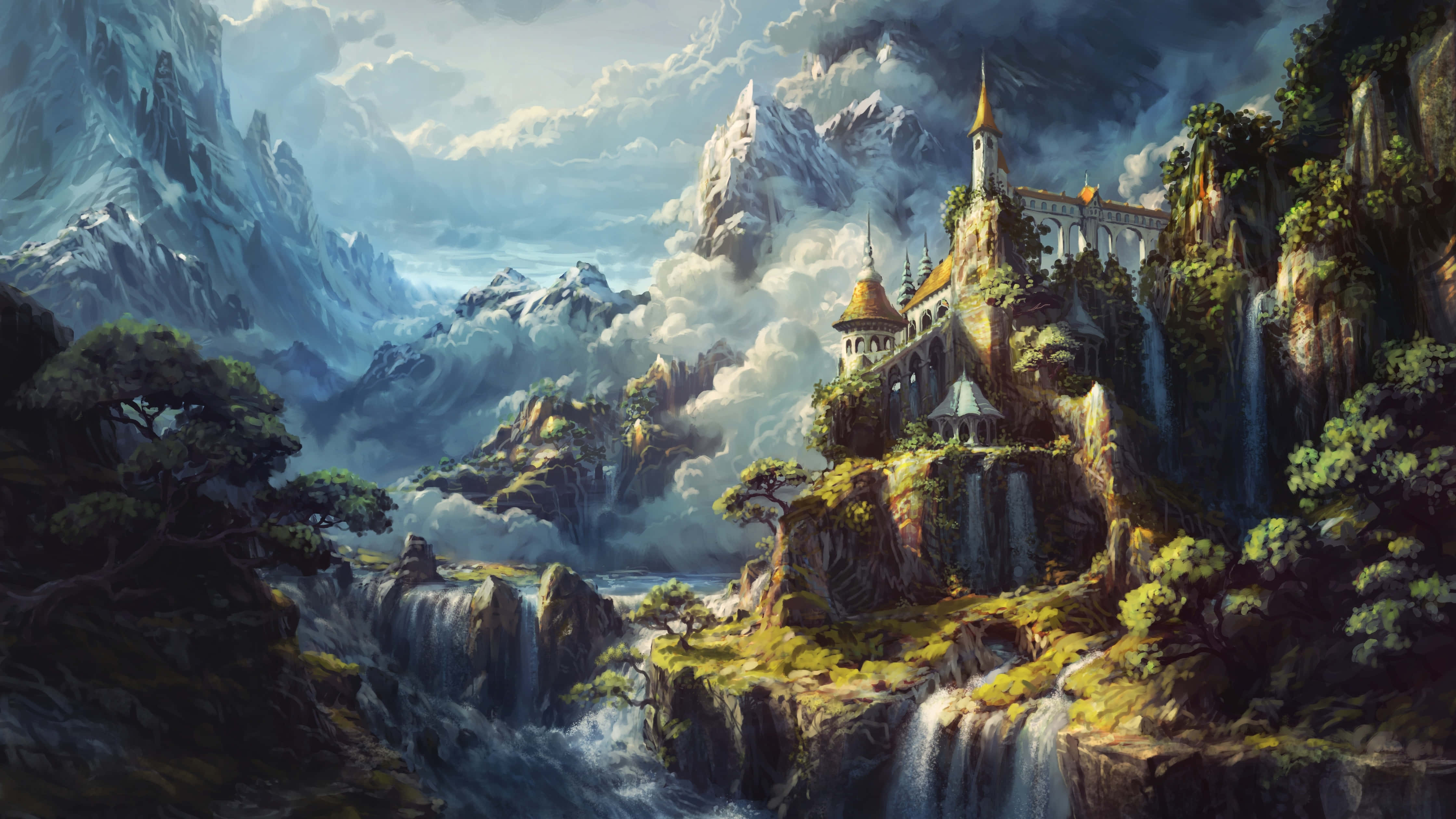 enchanted mountain castle, cliffside, cascading waterfalls, 4K Desktop Wallpaper
