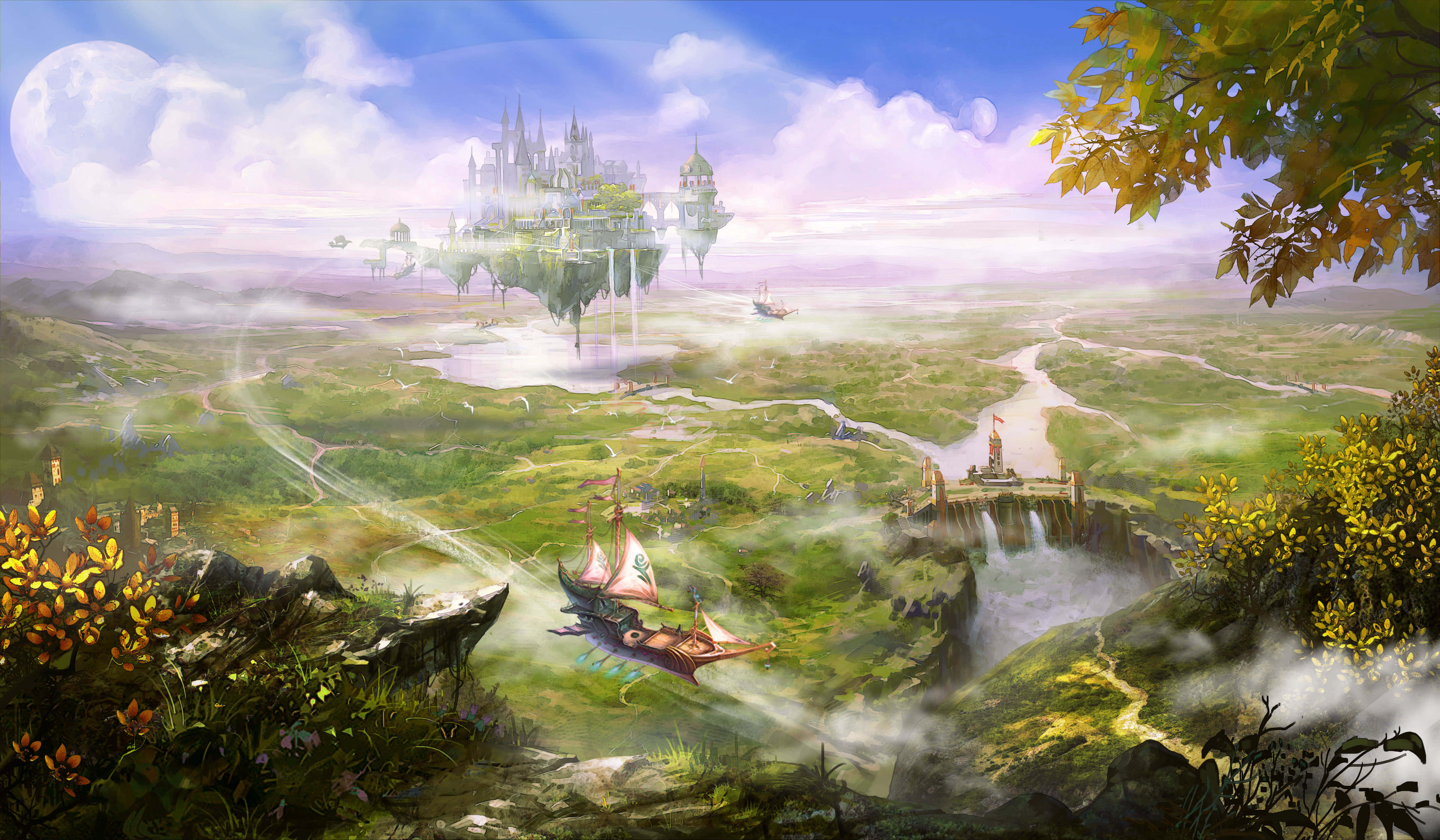 enchanted floating castle, misty valley, river waterfall, 4K Desktop Wallpaper