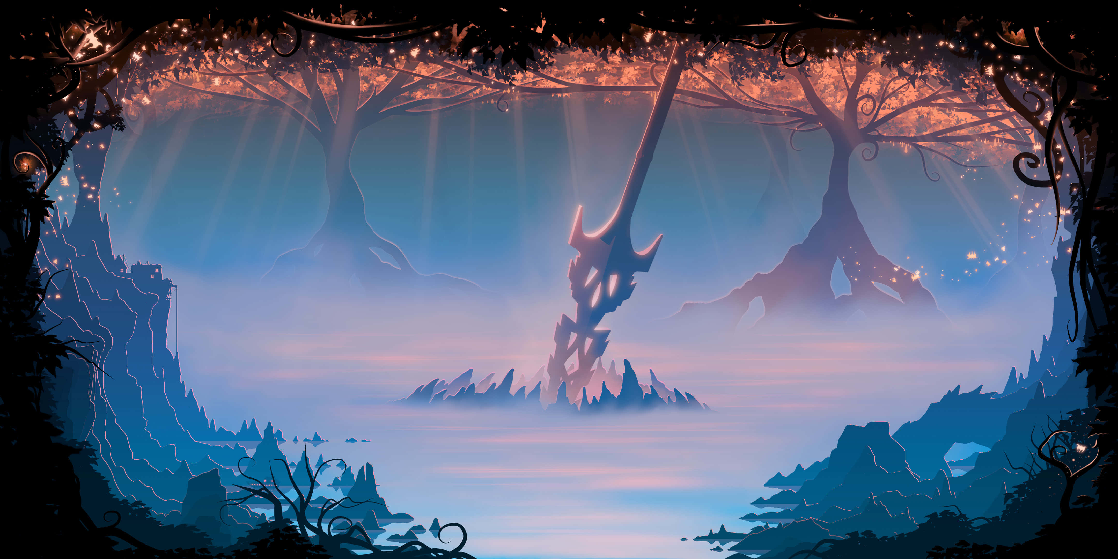 mystical forest, sunrise, glowing sky, 4K Desktop Wallpaper