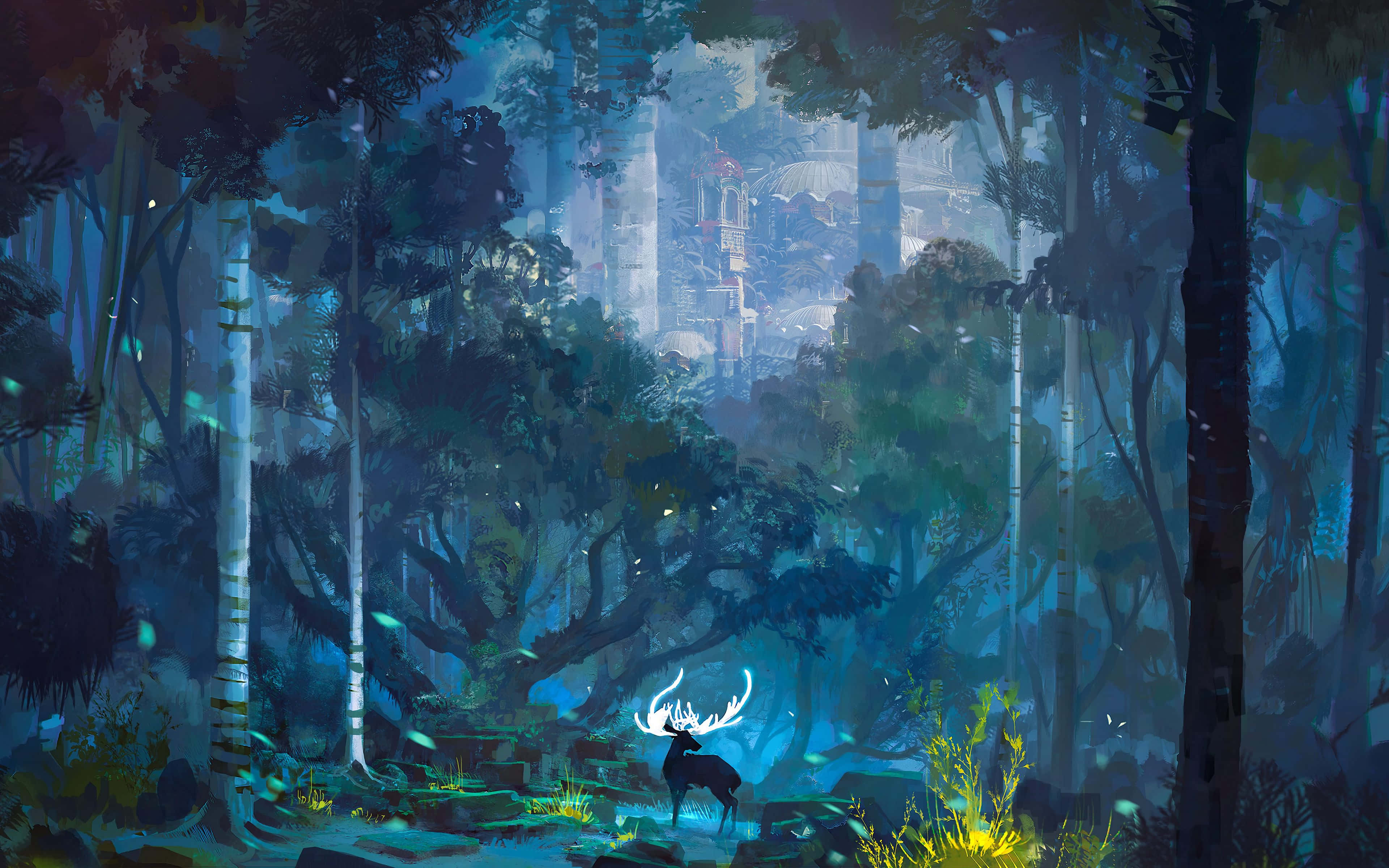 mystical deer, glowing antlers, moonlit forest, 4K Desktop Wallpaper