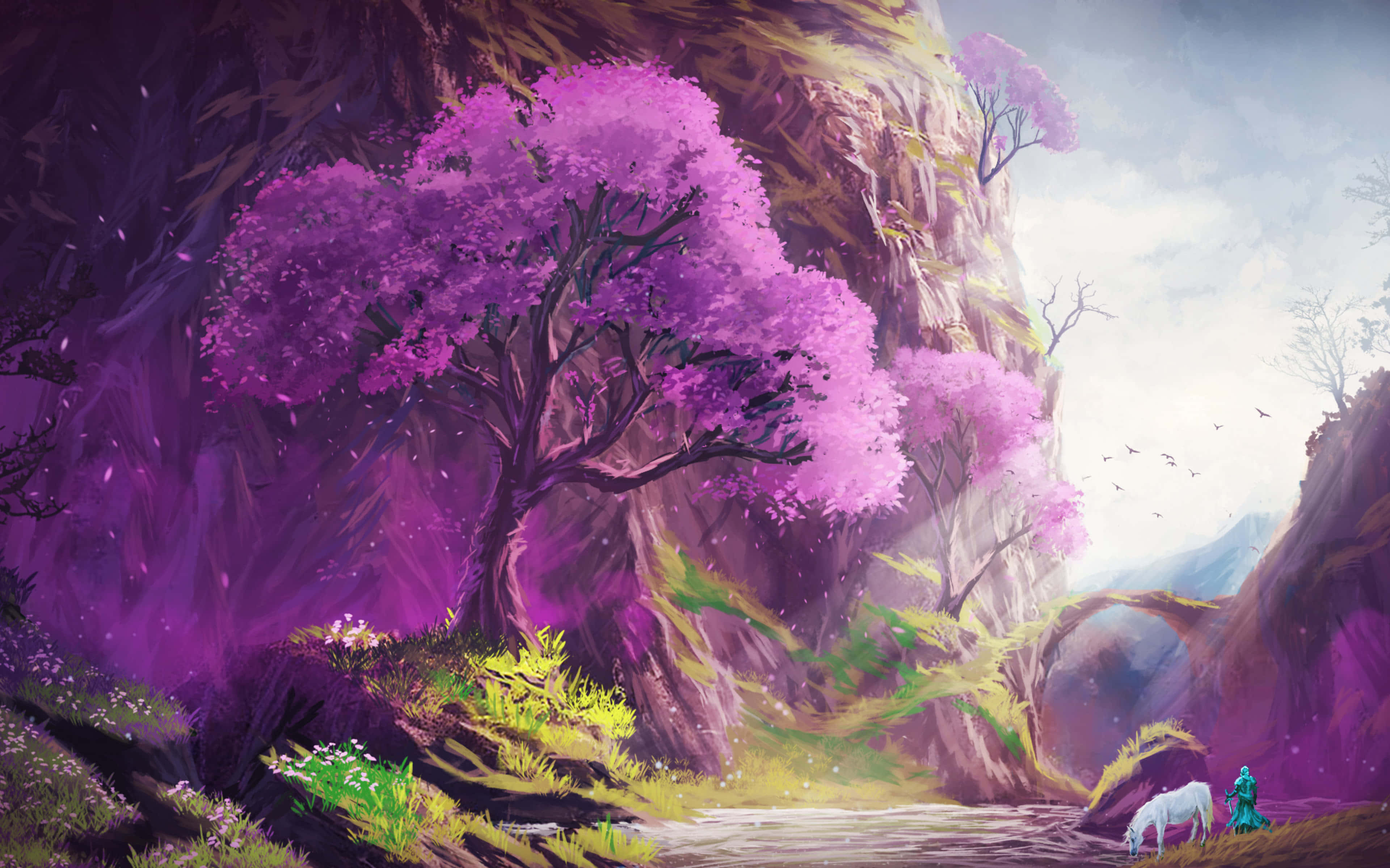 enchanted purple forest path, glowing purple trees, golden foliage, 4K Desktop Wallpaper