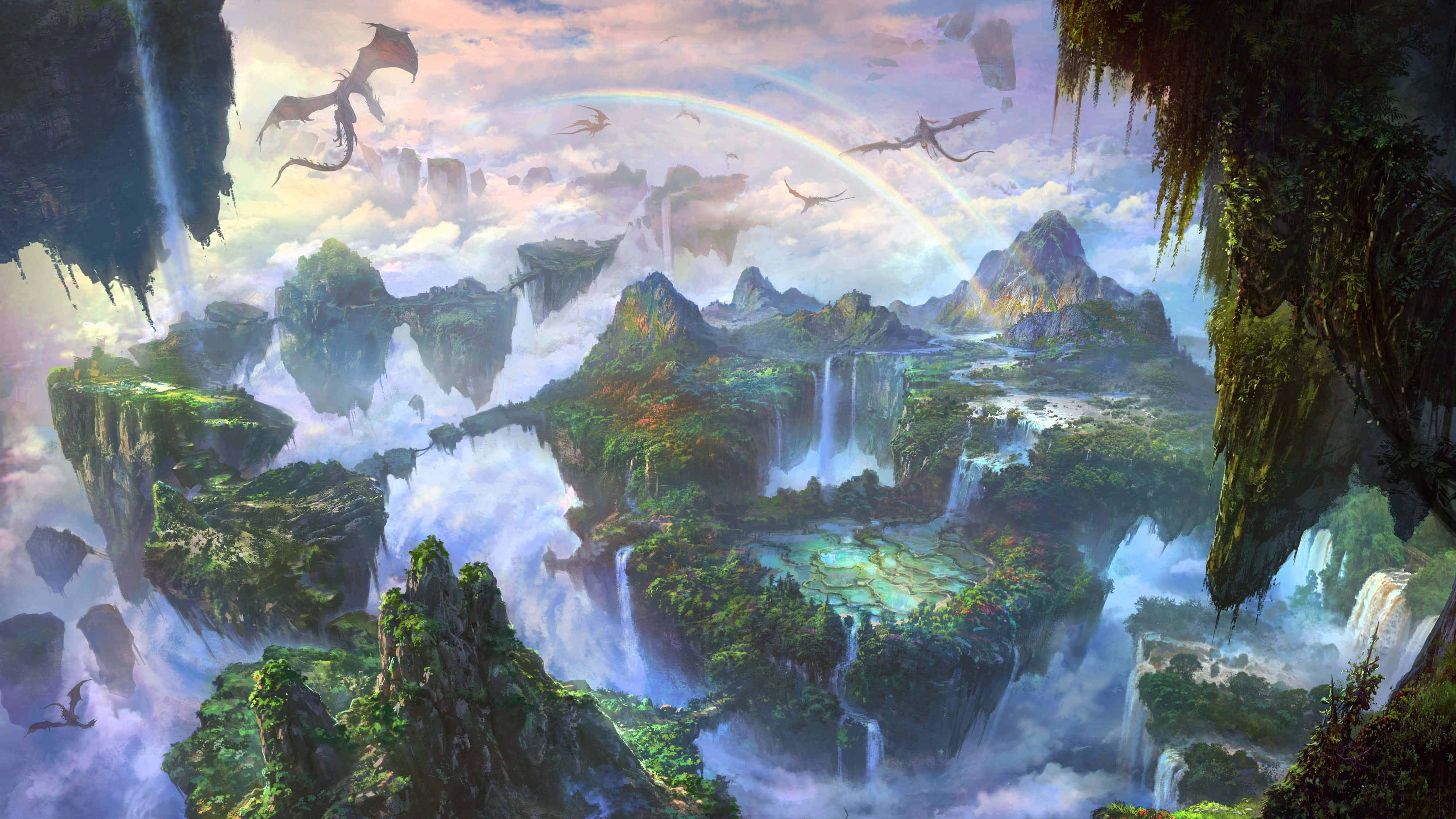 mystical dragon valley, fantasy landscape, floating islands, 4K Desktop Wallpaper