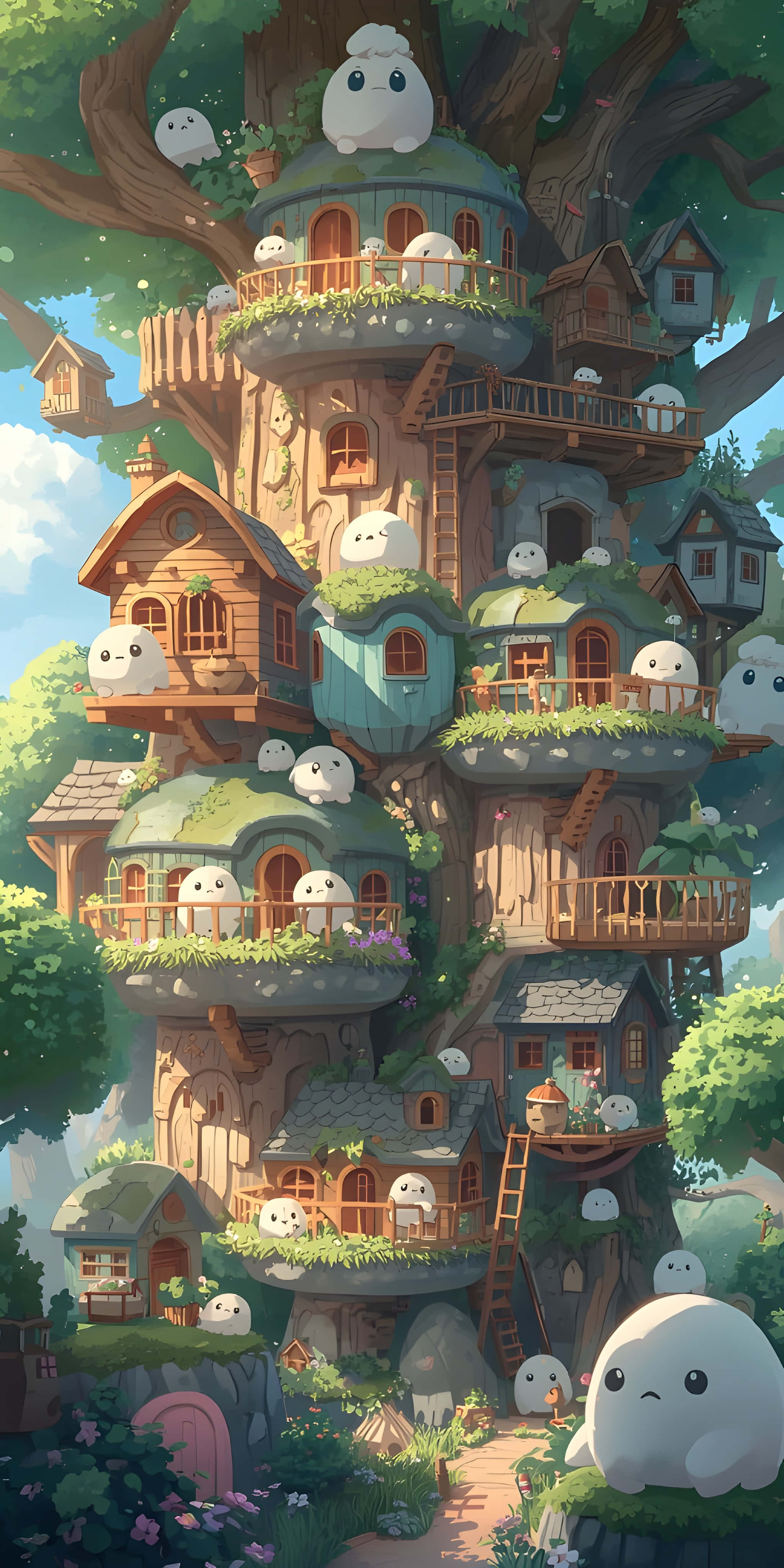 cute little spirits, green treehouse towers, pastel cottages, 4K Phone Wallpaper