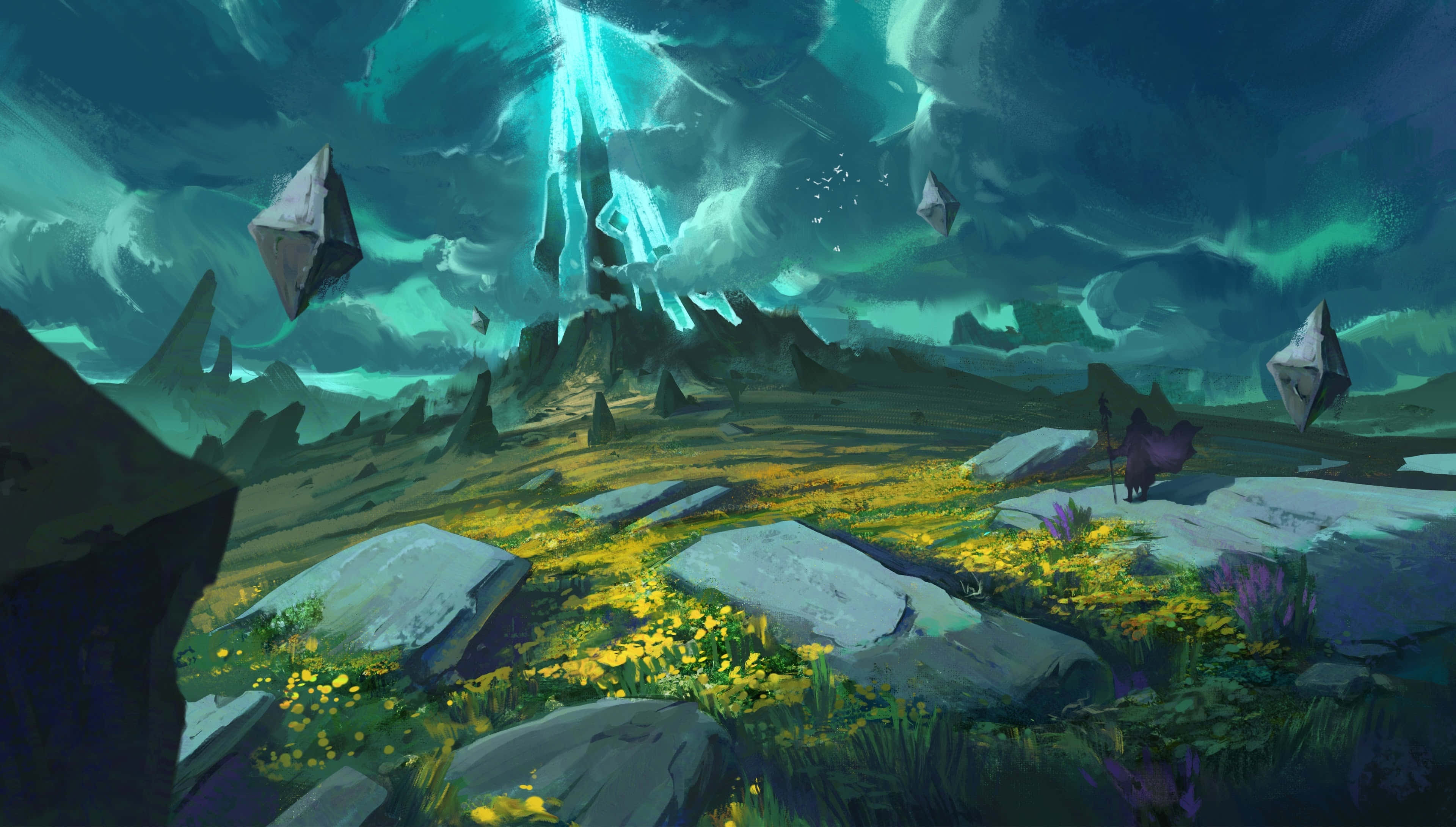 mystical energy field, glowing teal energy beams, storm clouds, 4K Desktop Wallpaper