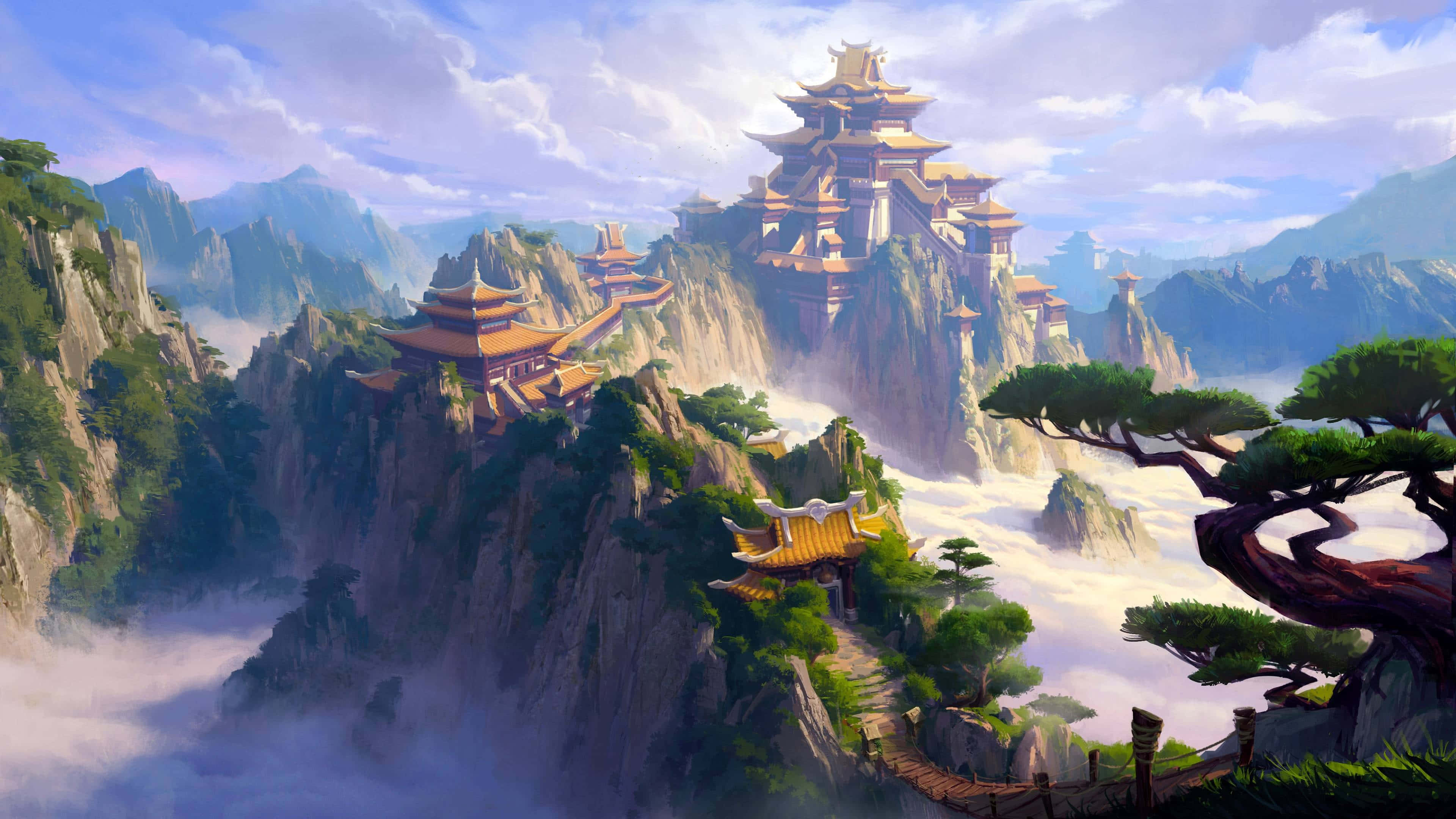 mystical mountain temple, oriental temple complex, misty mountain peaks, 4K Desktop Wallpaper