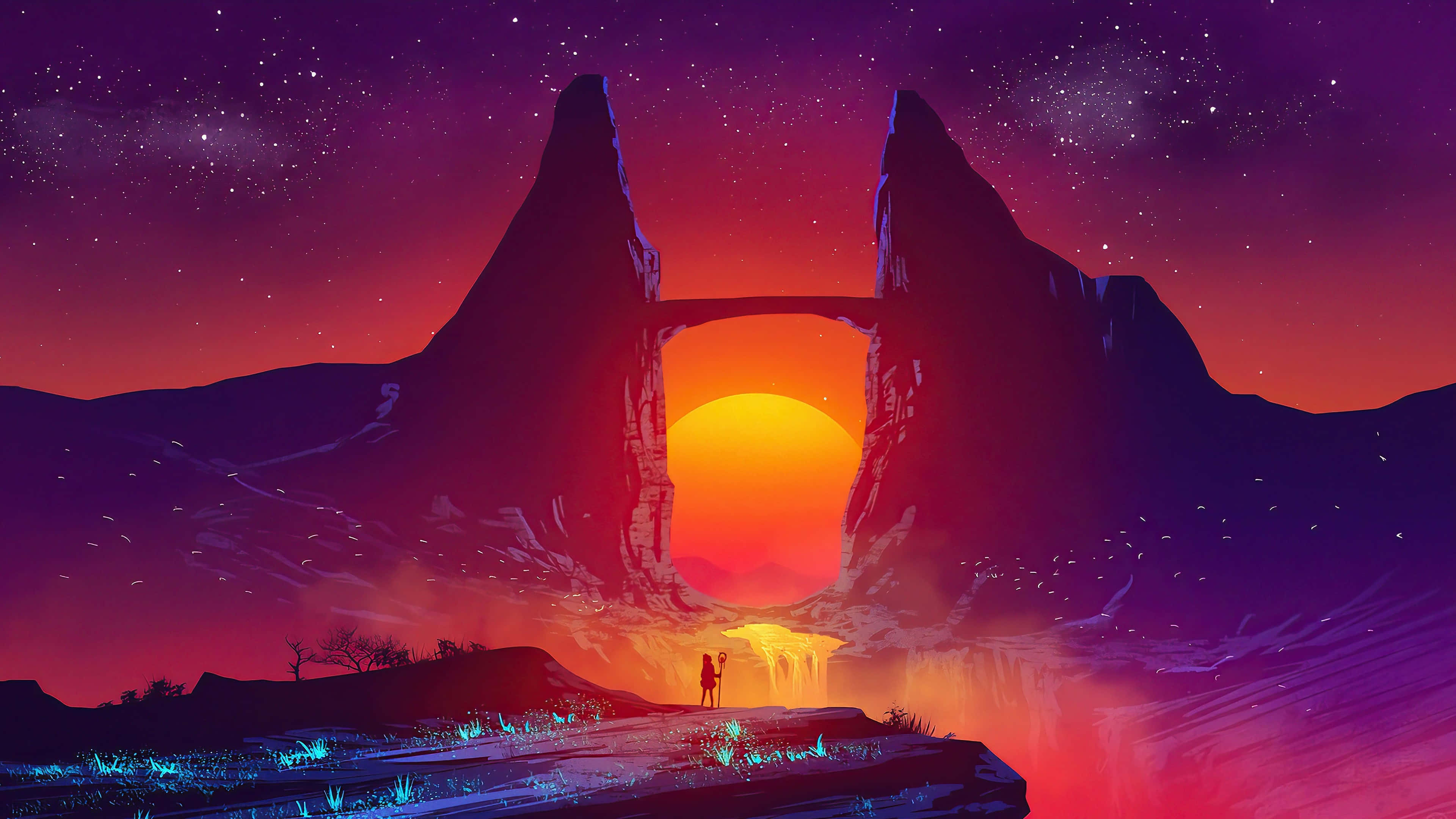 twilight archway, glowing sunset, towering rock arches, 4K Desktop Wallpaper