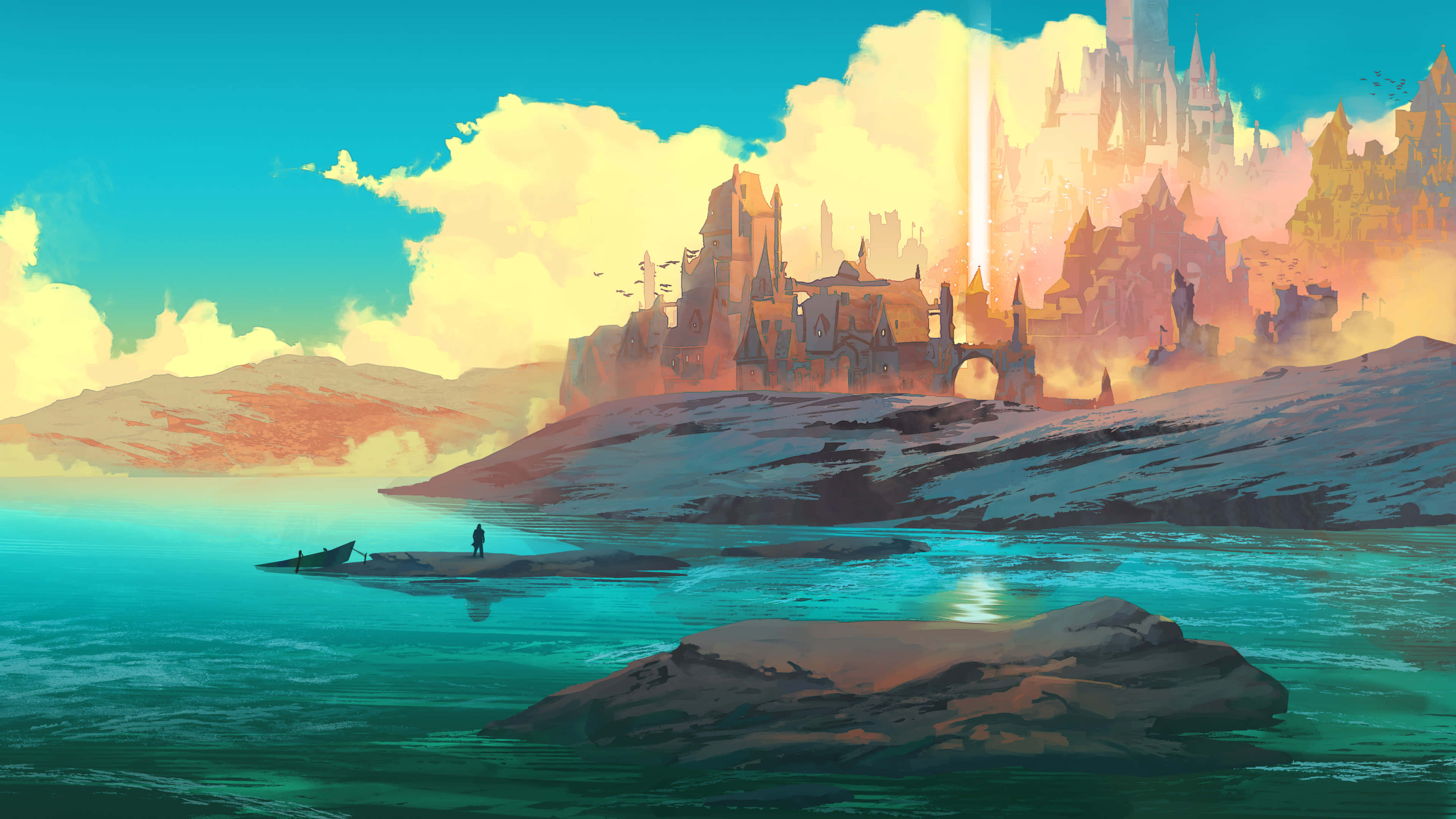mystical castle, sunset, shoreline, 4K Desktop Wallpaper