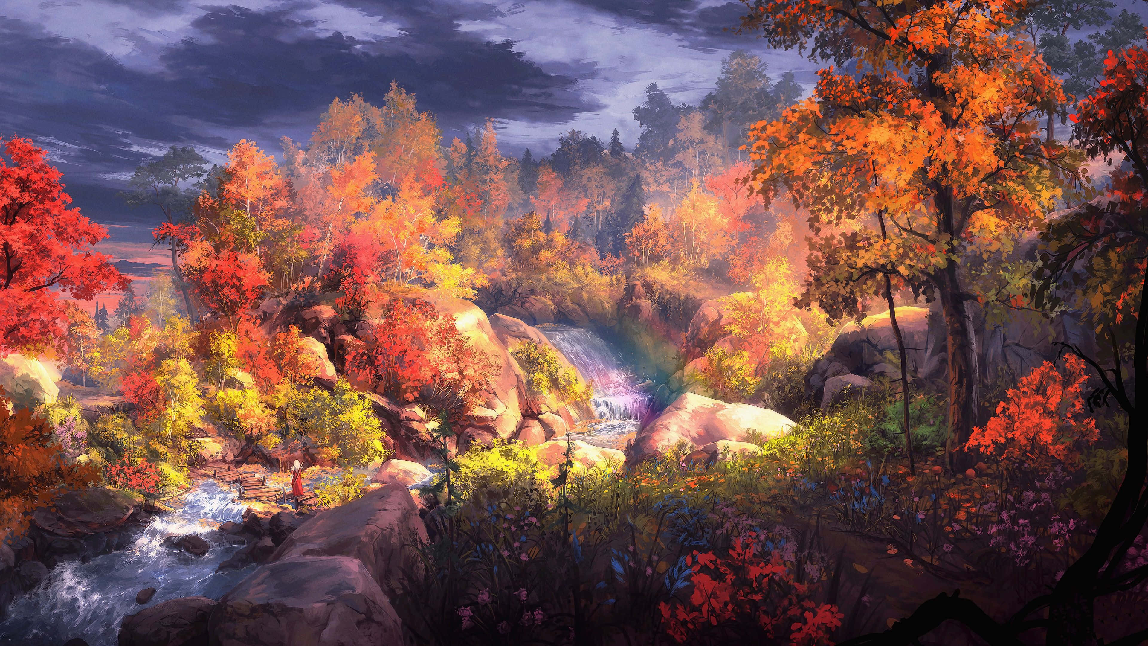 enchanted autumn forest stream, fiery red and orange trees, cascading waterfall, 4K Desktop Wallpaper