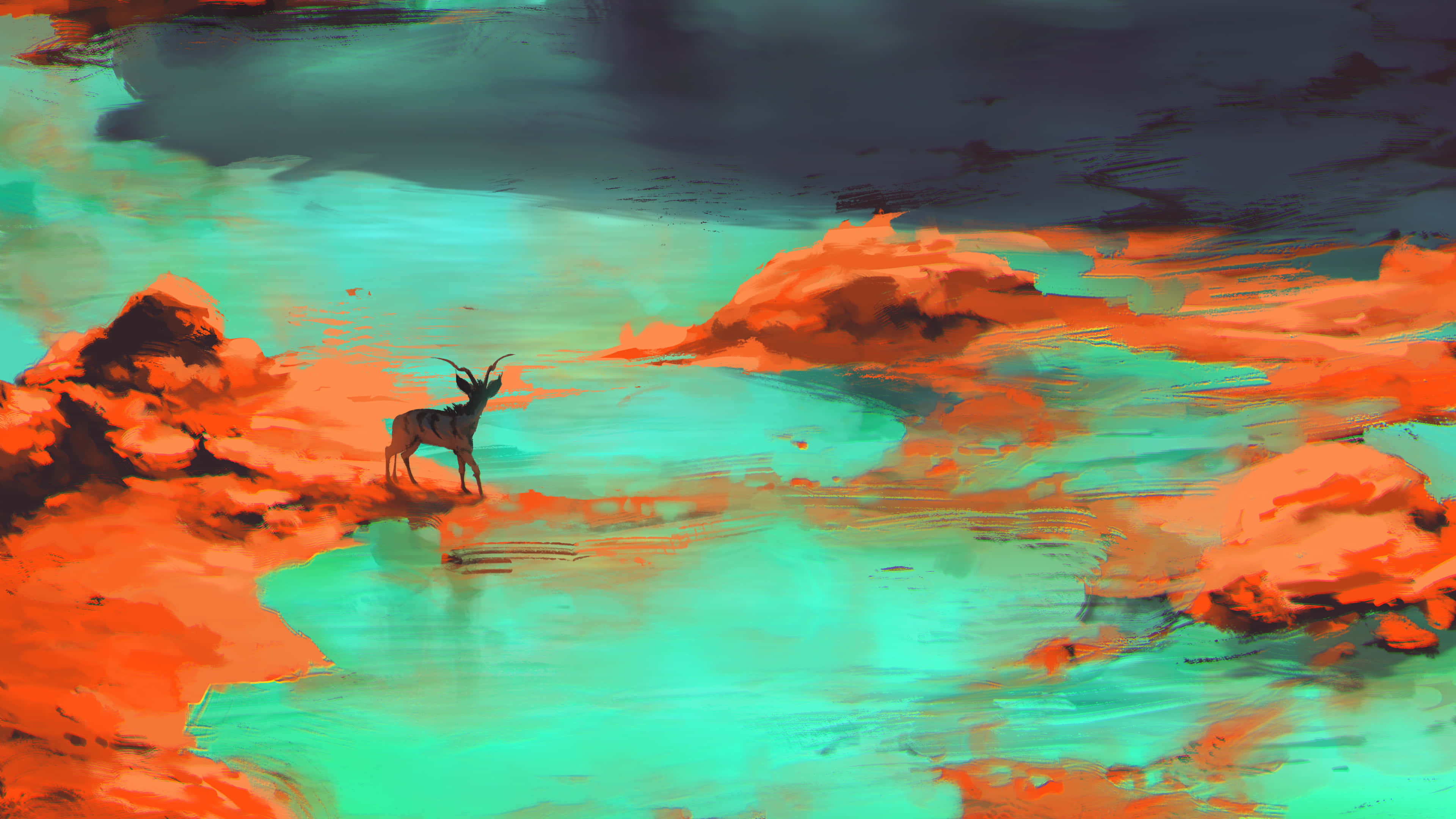 surreal crimson shoreline, vibrant teal water, fiery orange rocks, 4K Desktop Wallpaper