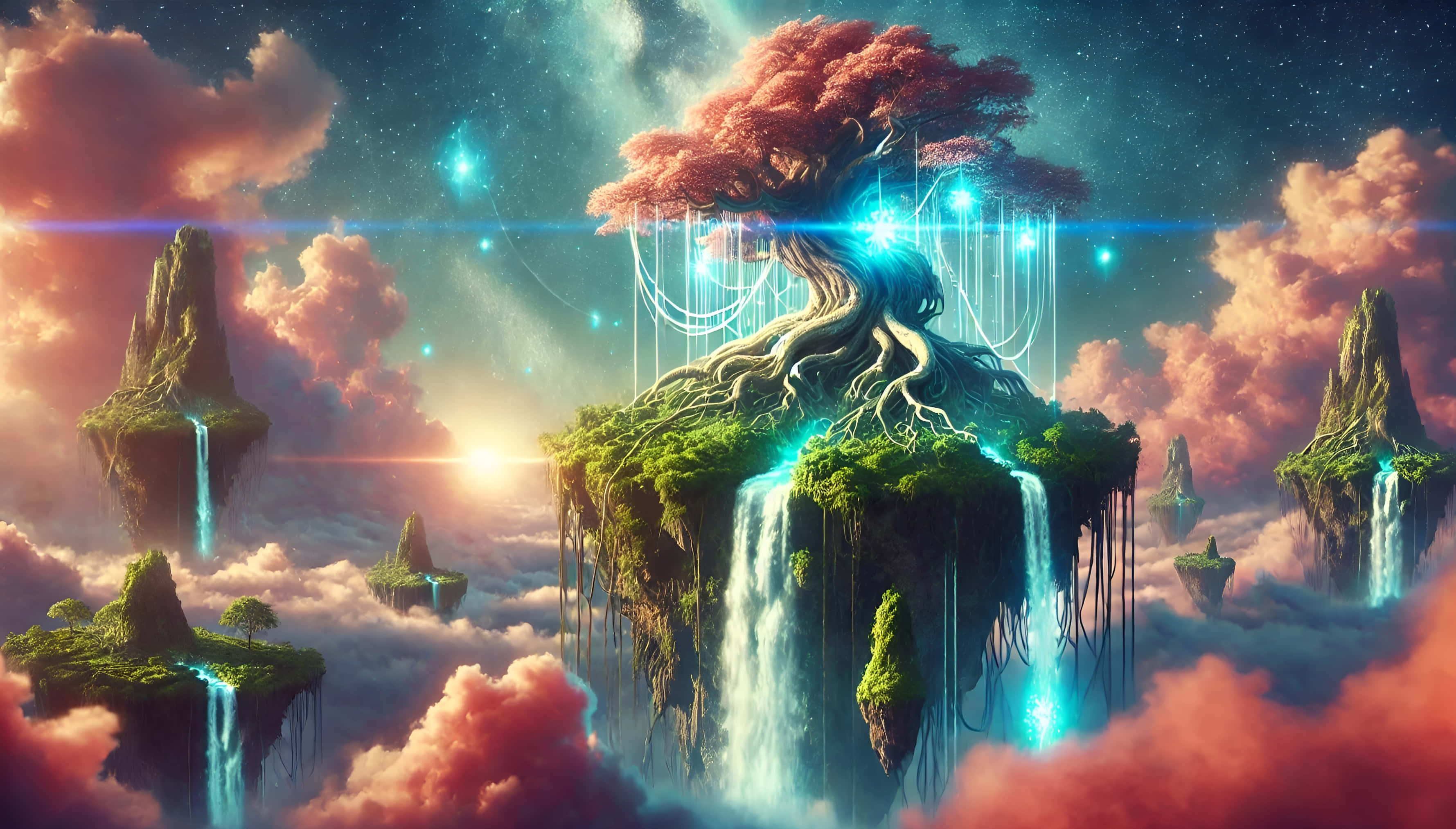 floating island, ancient glowing tree, waterfall, 2K Desktop Wallpaper