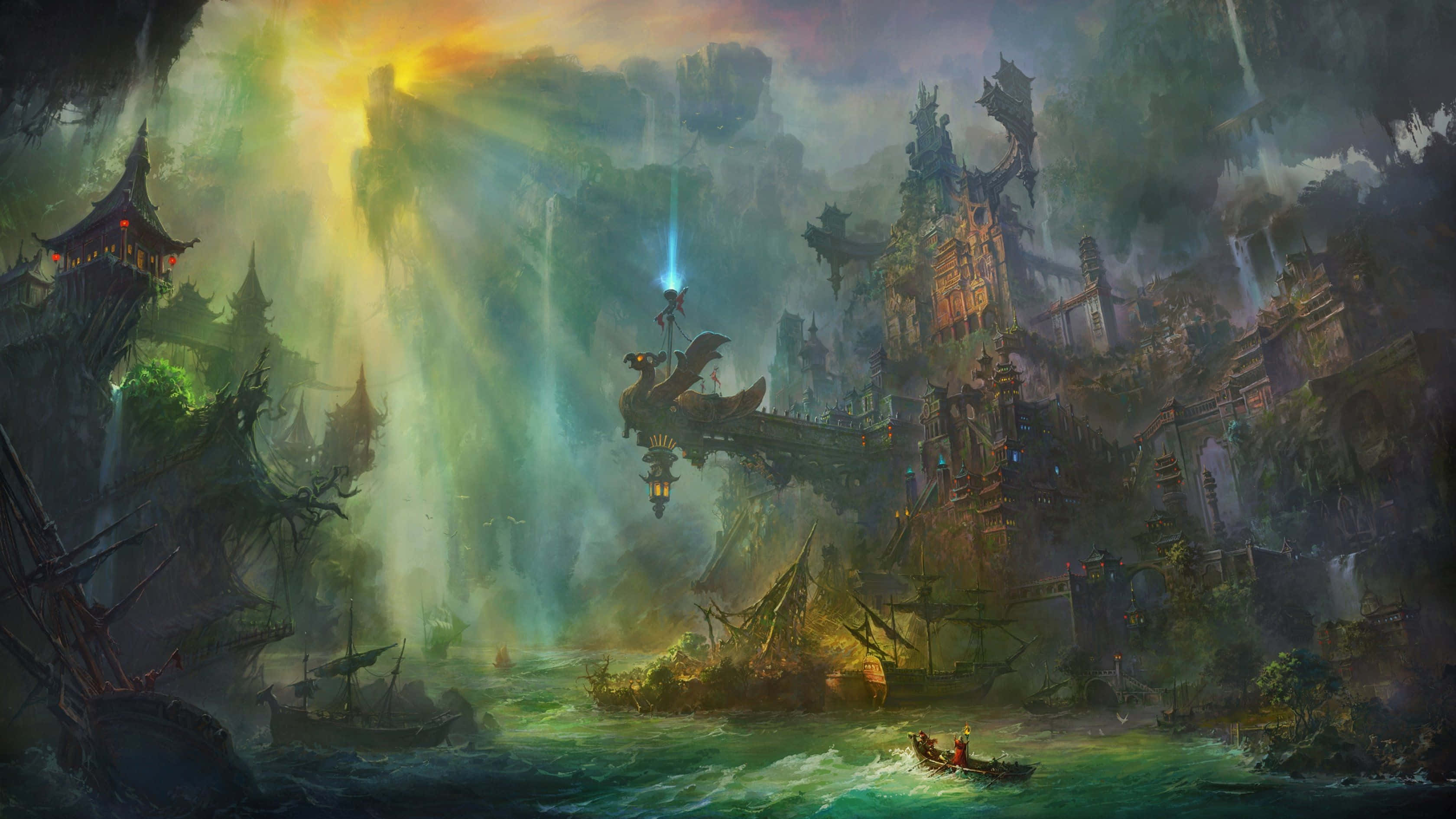 mystical sunset harbor, floating city, ancient towers, 2K Desktop Wallpaper