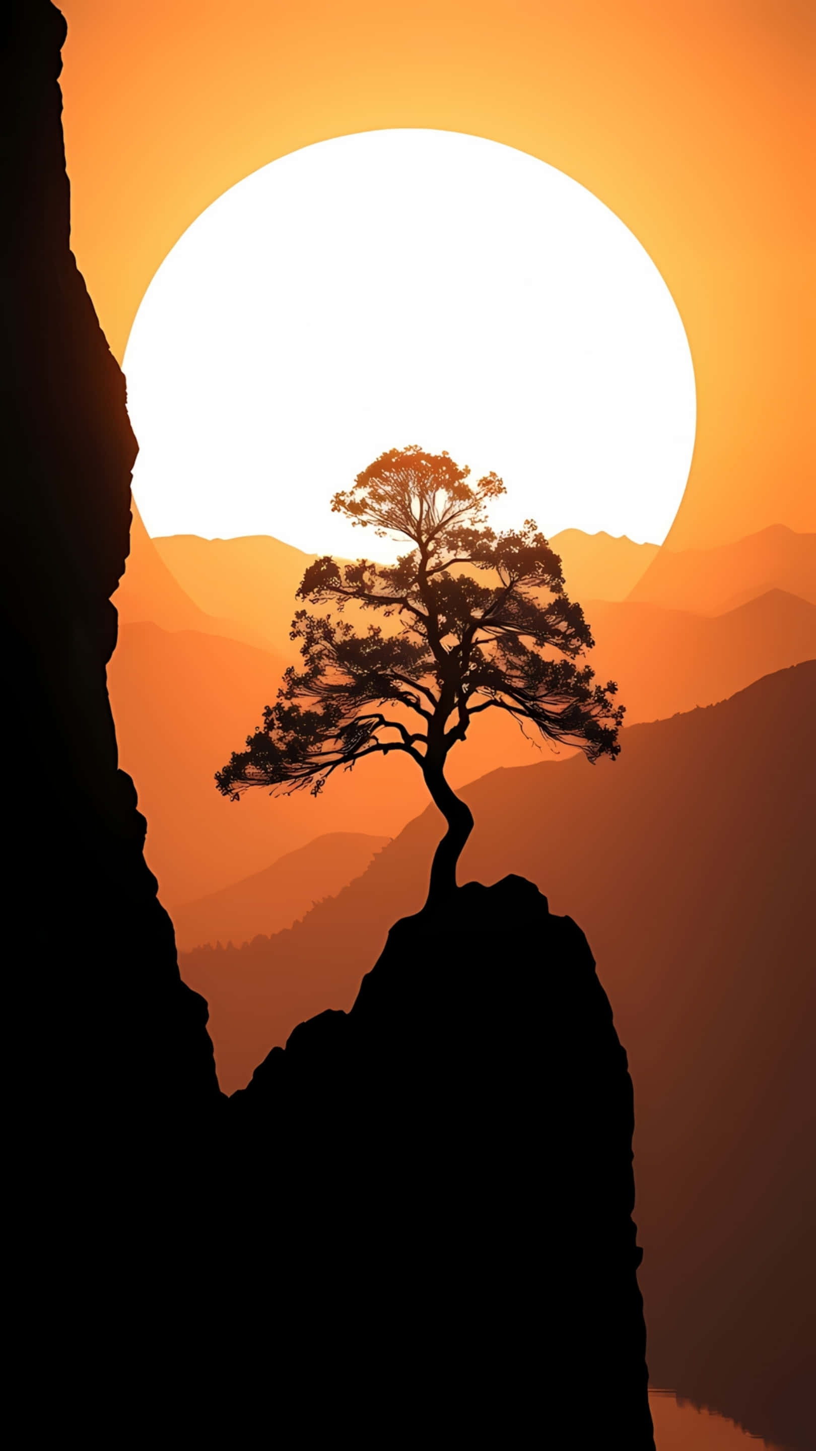 lonely tree, cliff, giant sunset, 2K Phone Wallpaper