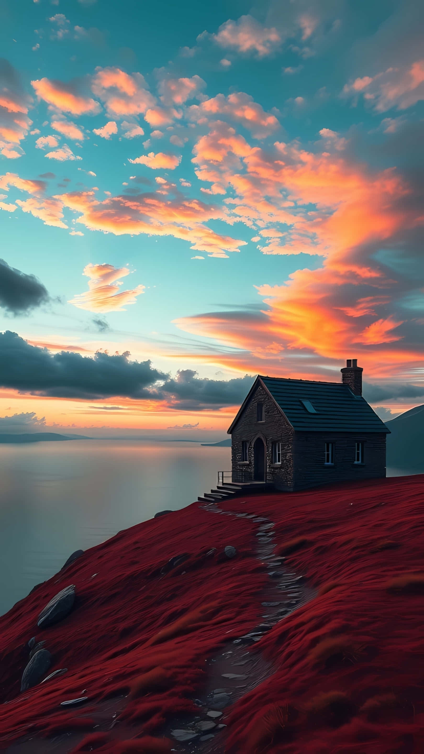 lonely house, red hill, dreamy sunset, 2K Phone Wallpaper