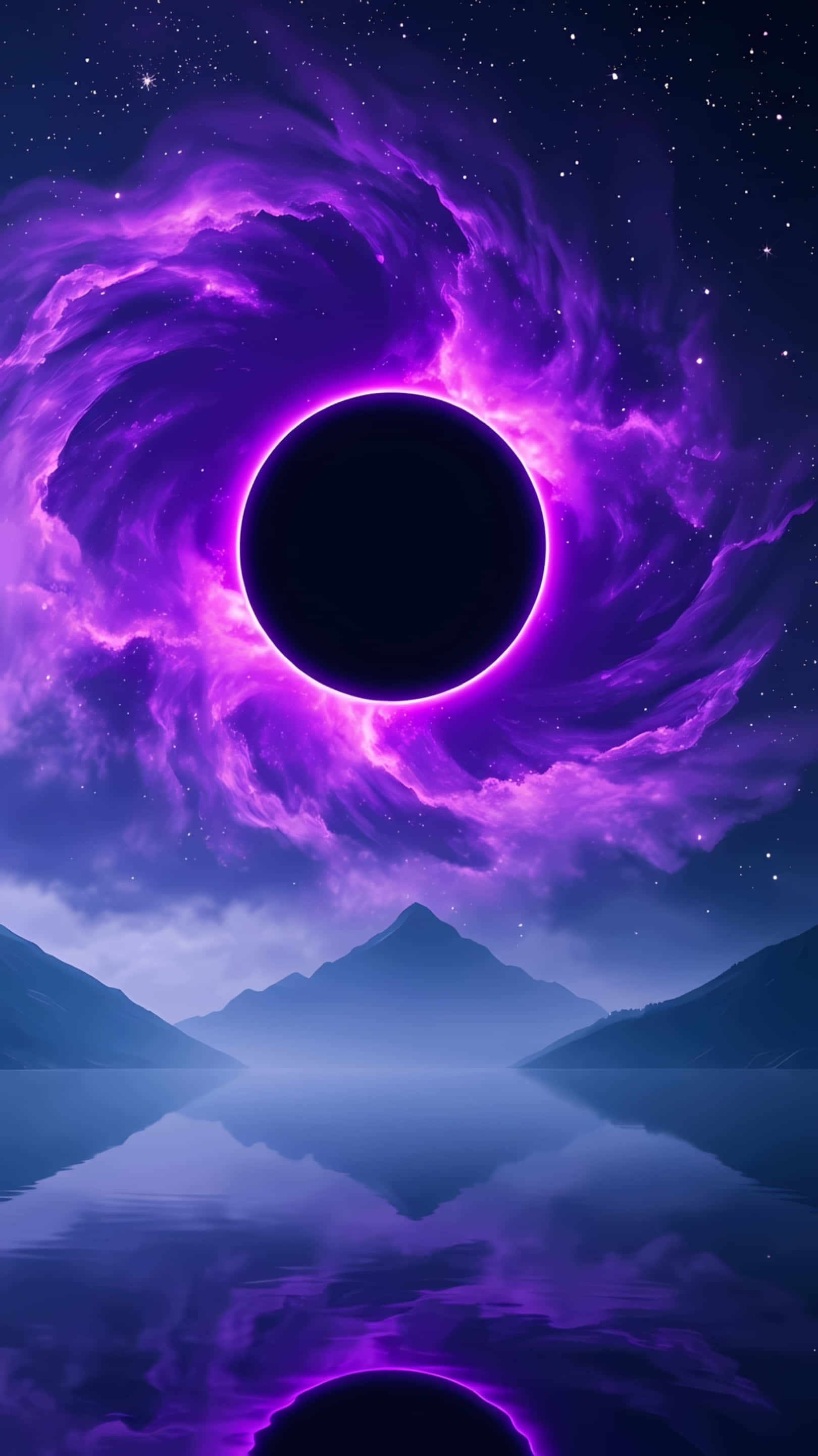 cosmic purple nebula, black hole, tranquil lake, 2K Phone Wallpaper