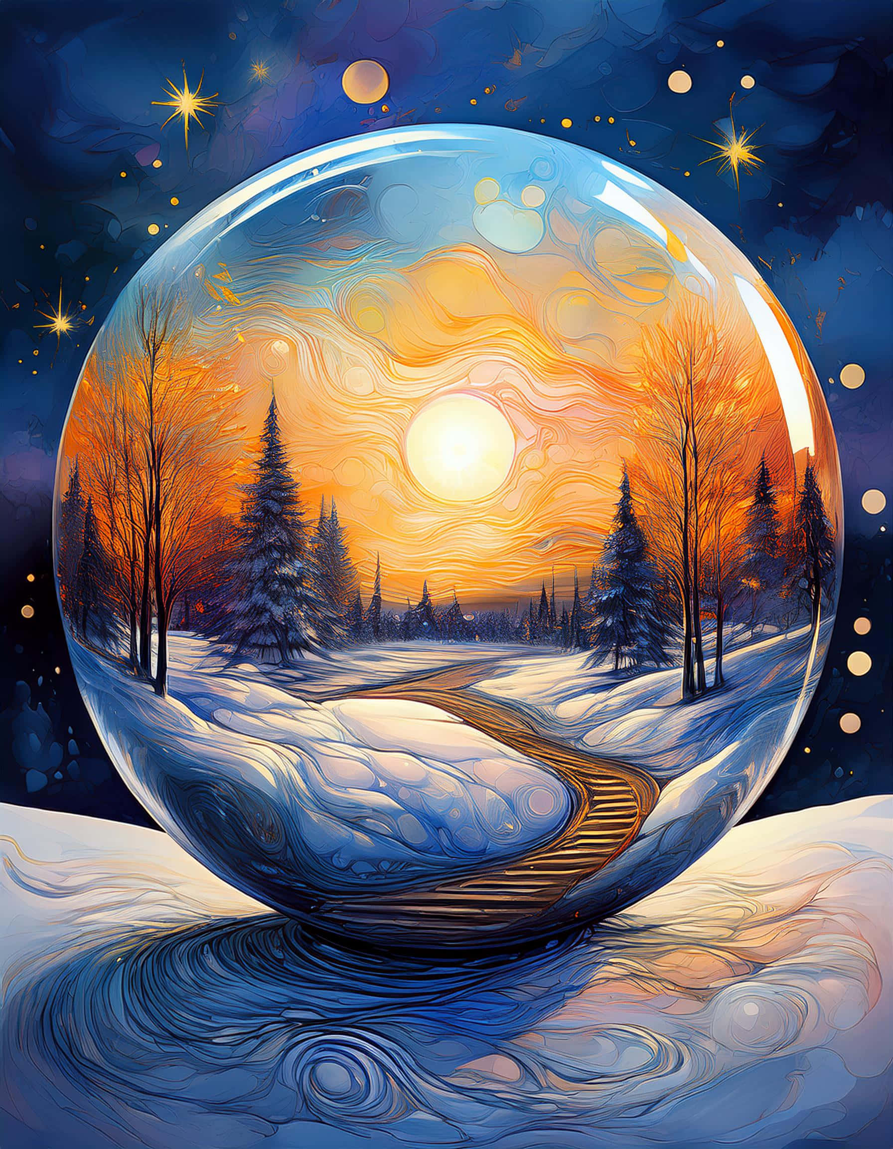 sunset magic, winter sphere, glowing crystal sphere, Full HD Phone Wallpaper